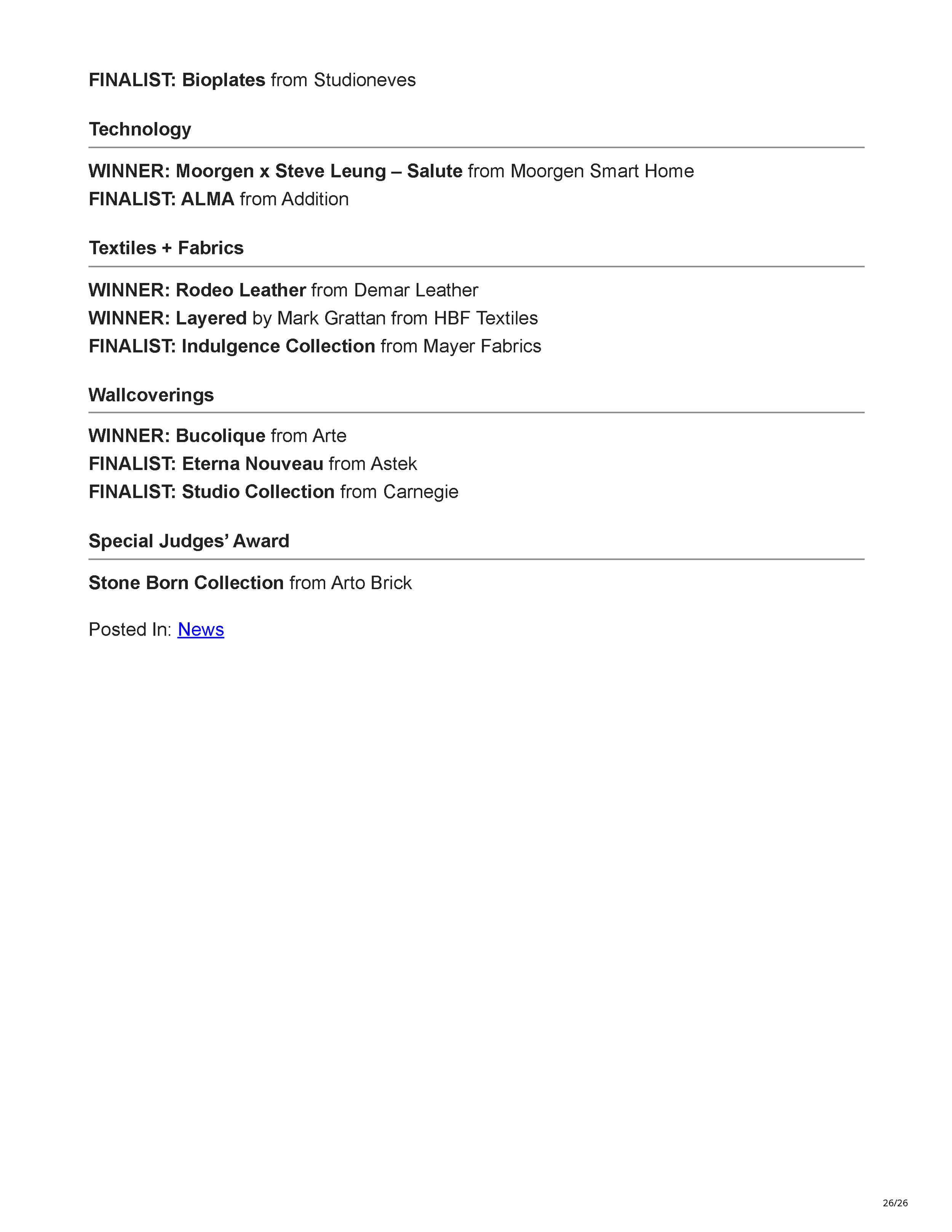 Official Hospitality Design HD Awards finalist listing showing Filthy Martini Bar by PETERMAX Co. as a finalist in the Bar, Club + Lounge category, page 26.
