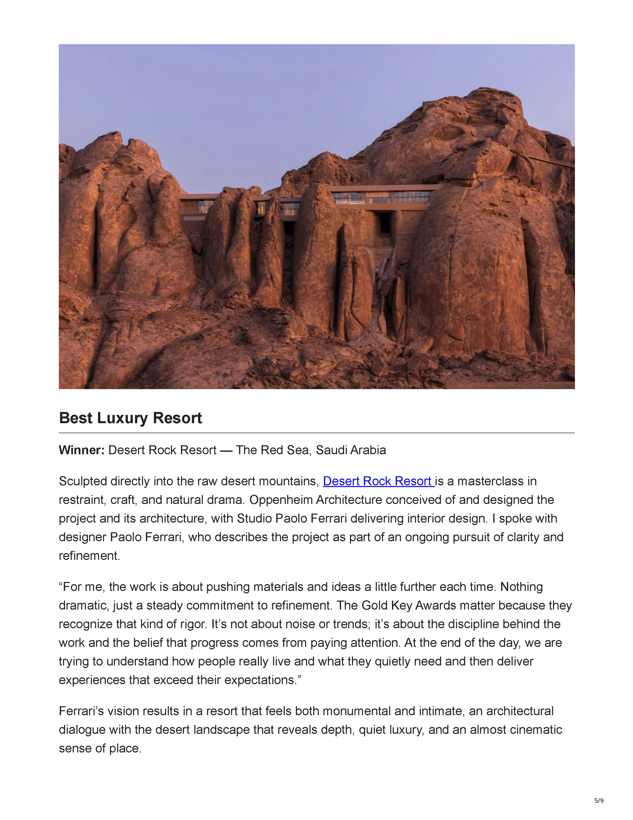 Forbes article “The World’s Best Hotel Designs Honored With Gold Key Awards” by Jim Dobson, page 5