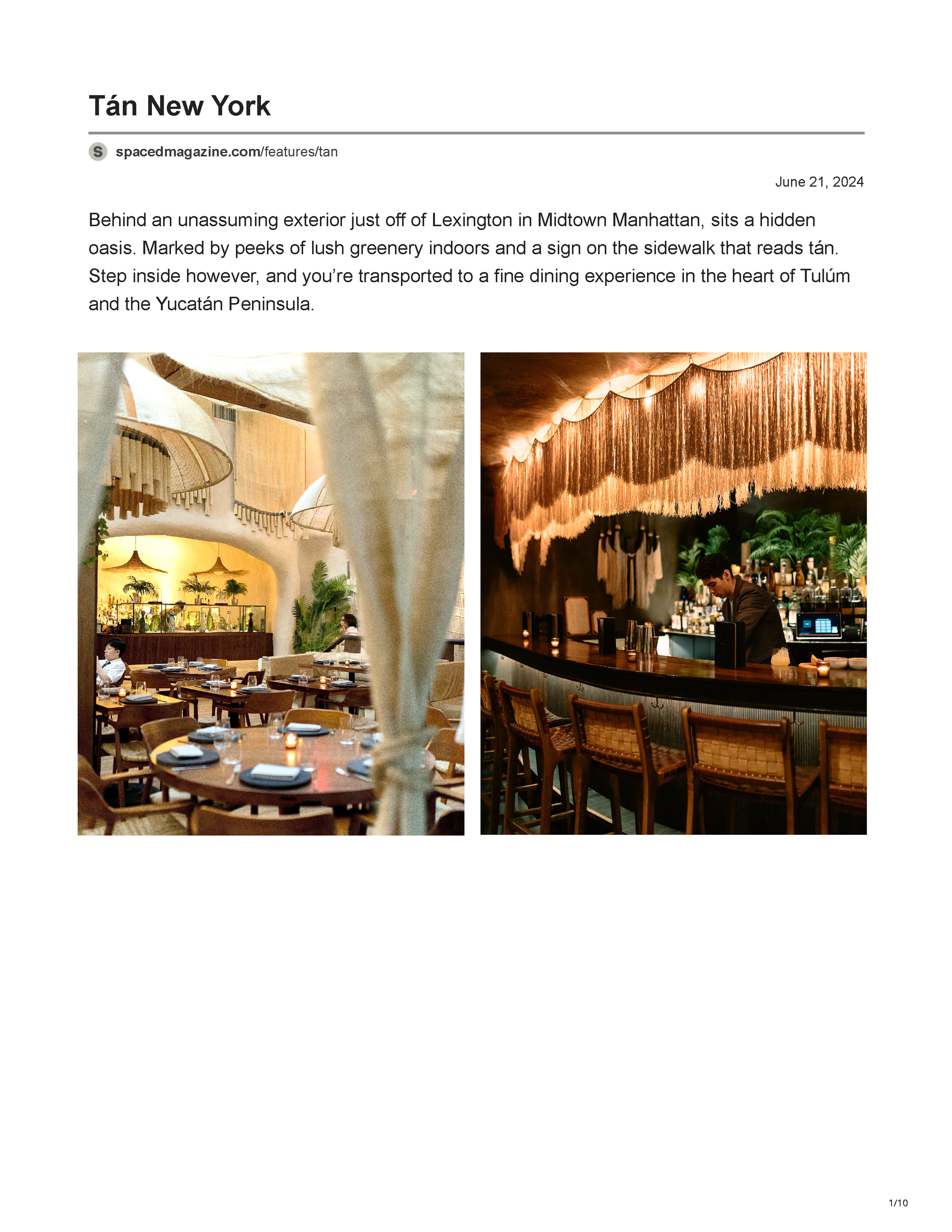 Spaced Magazine article page featuring “Tán New York,” a Yucatán-inspired restaurant in Midtown Manhattan designed by Peter Bowden, page 1.