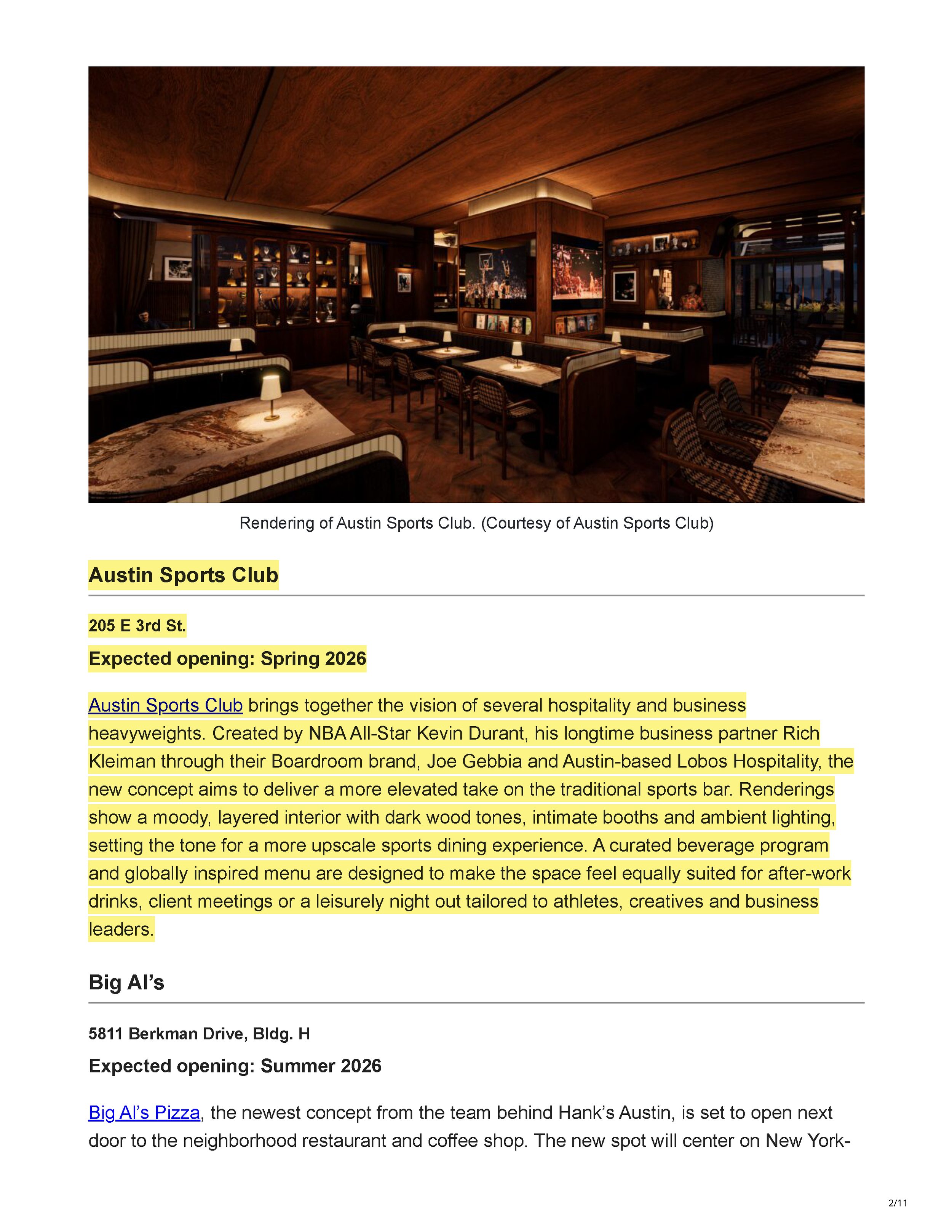 TRIBEZA’s article “Austin’s Most Anticipated Restaurant and Bar Openings,” introducing the new dining concepts expected to open across Austin in 2026, page 2