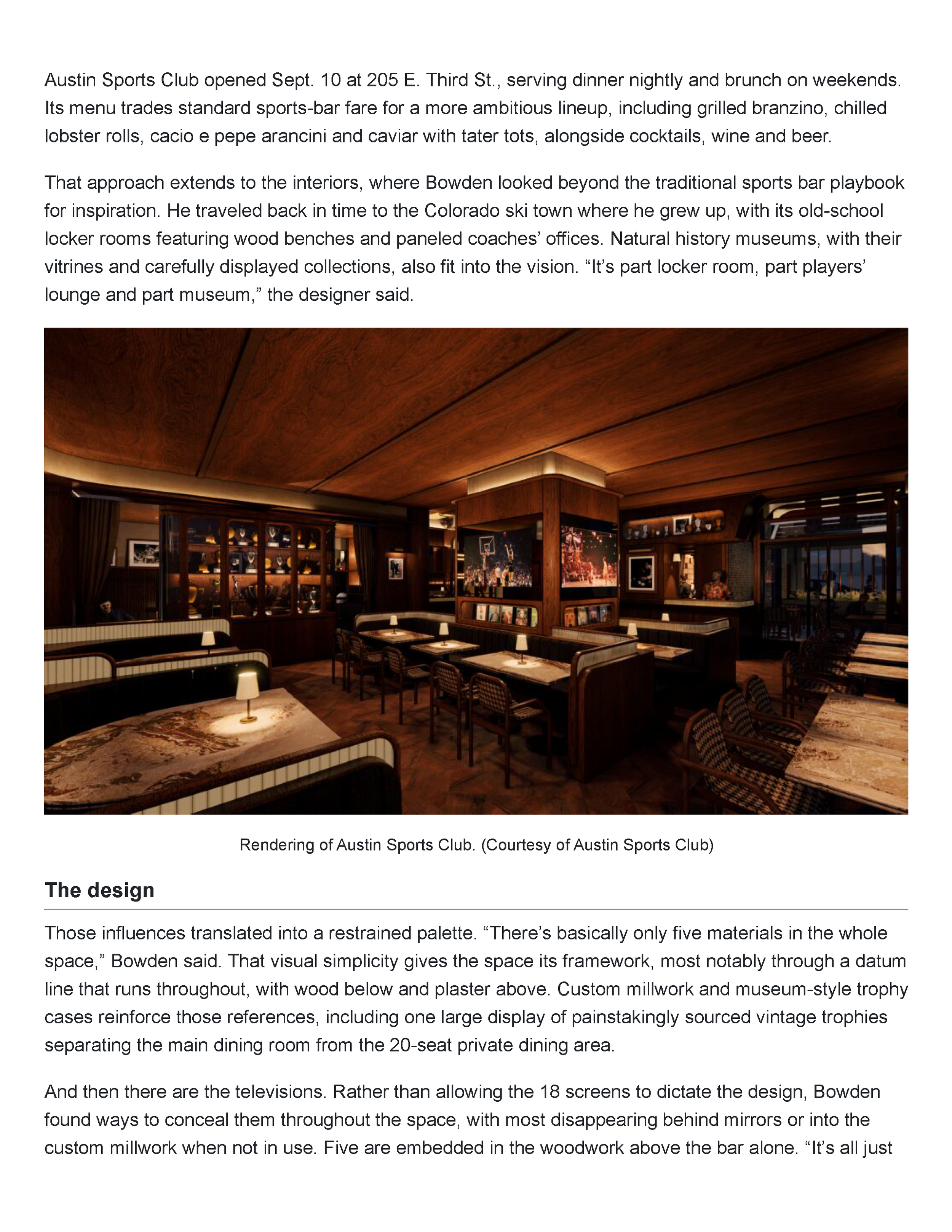 Second page of the Tribeza article explaining Austin Sports Club’s locker-room and museum influences, restrained material palette, custom millwork, trophy cases and concealed televisions.