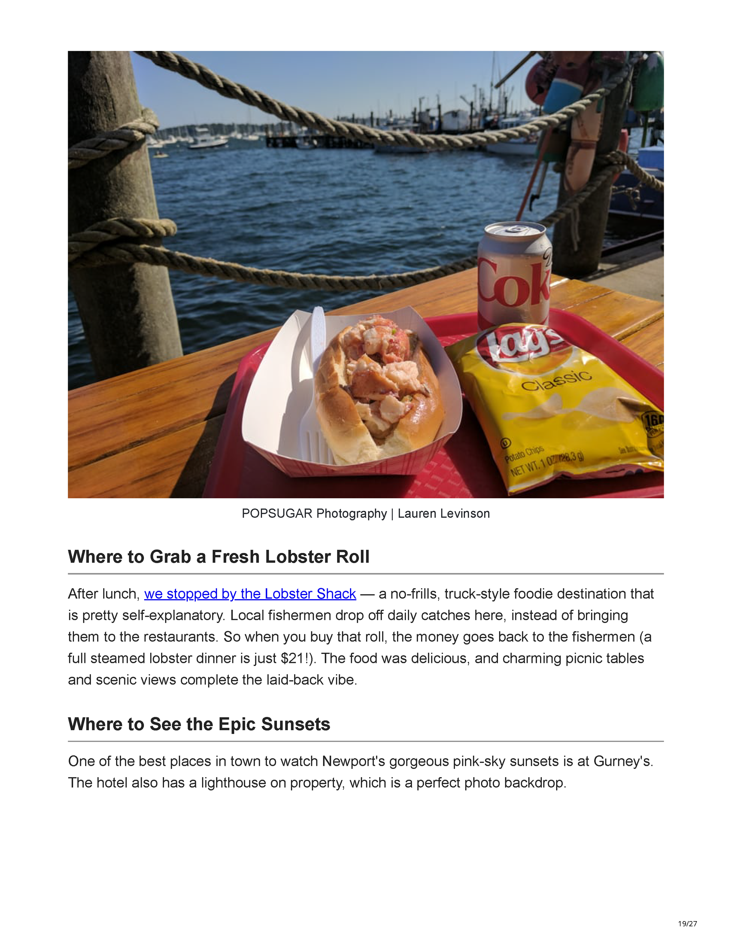 POPSUGAR’s Newport travel feature crediting Peter Max Bowden of PETERMAX Co. with the sophisticated nautical interiors of Gurney’s Newport Resort, page 19