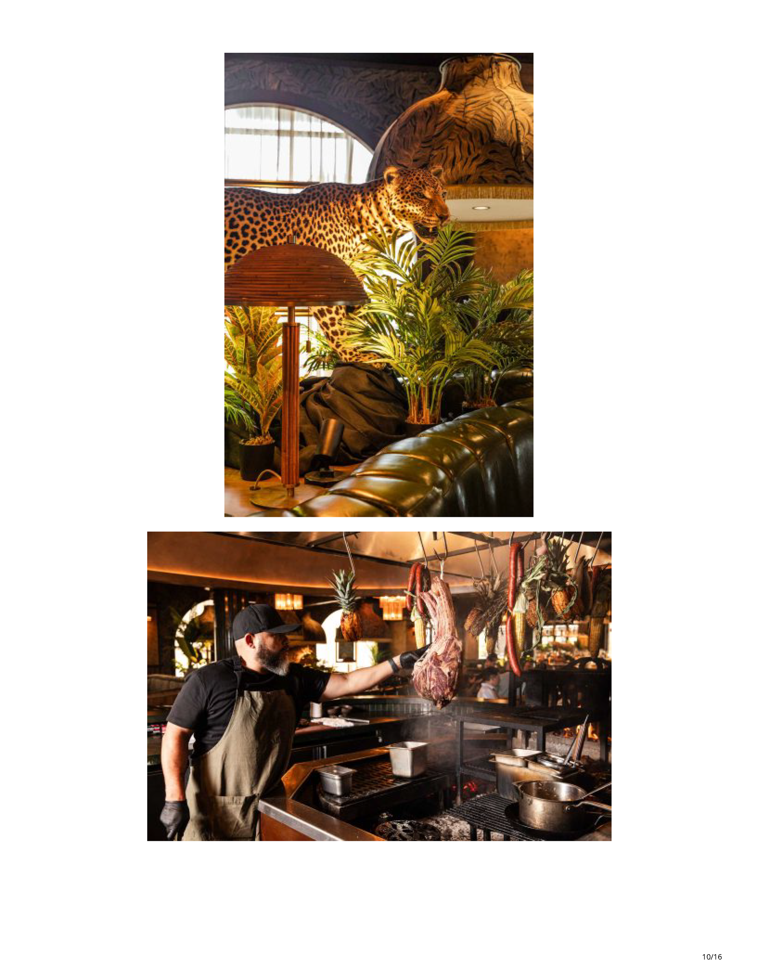 Filthy Animal interior detail featuring tropical plants, leather seating and a leopard installation, followed by its open wood-fire kitchen.