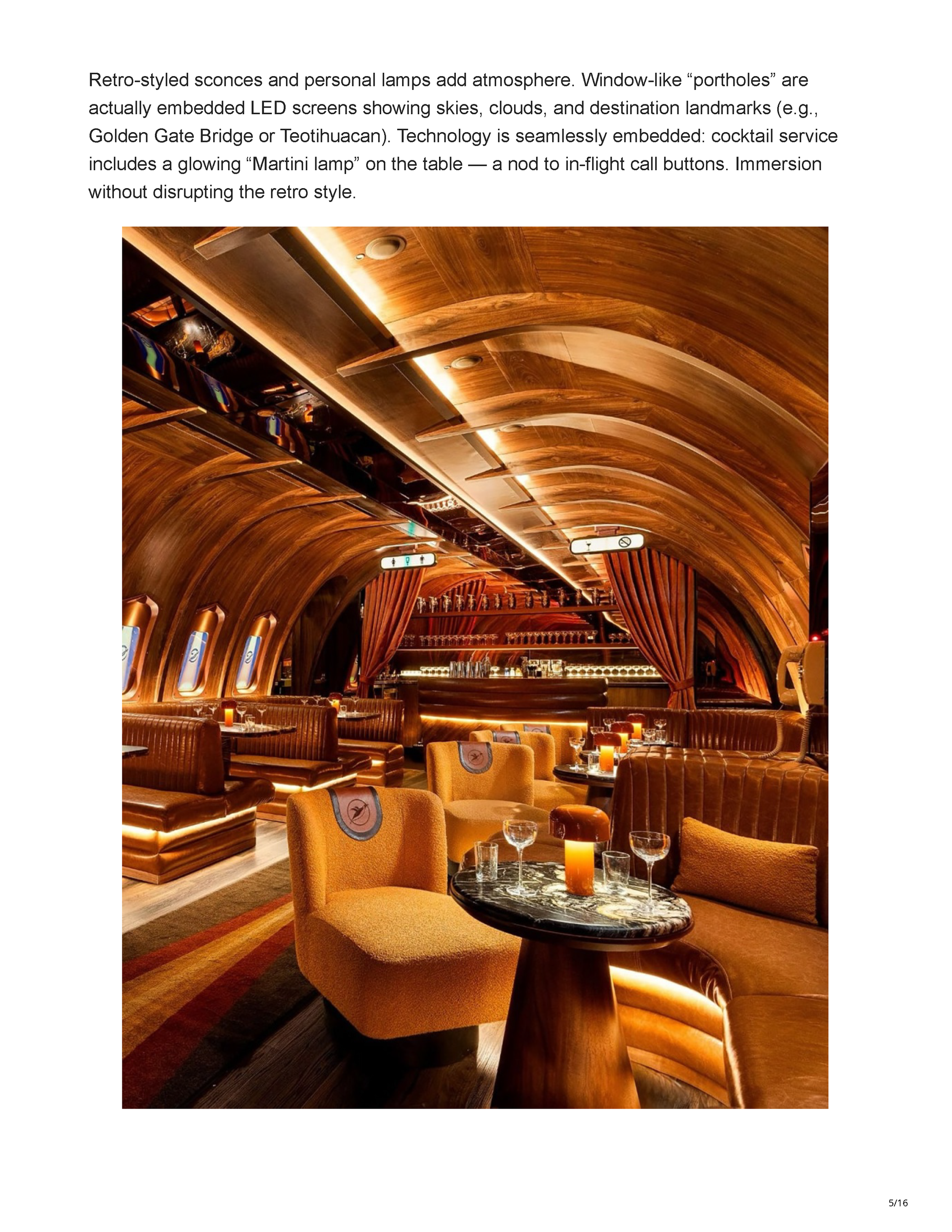 HoReCa Furniture feature on Peter Bowden’s Carry On bar design in Phoenix, exploring its retro-futurist aviation concept, materials, lighting, technology, and custom interior details, page 5