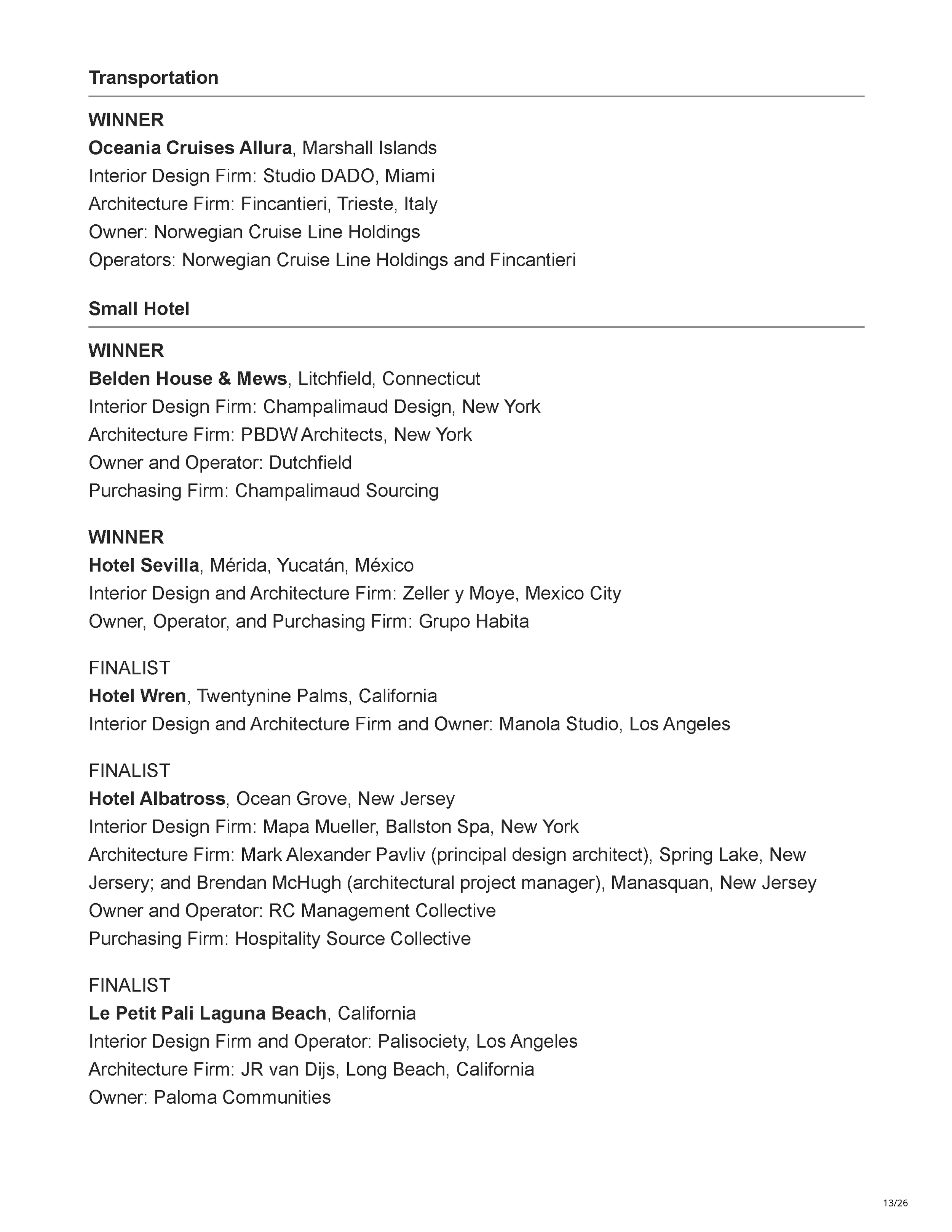 Official Hospitality Design HD Awards finalist listing showing Filthy Martini Bar by PETERMAX Co. as a finalist in the Bar, Club + Lounge category, page 13.