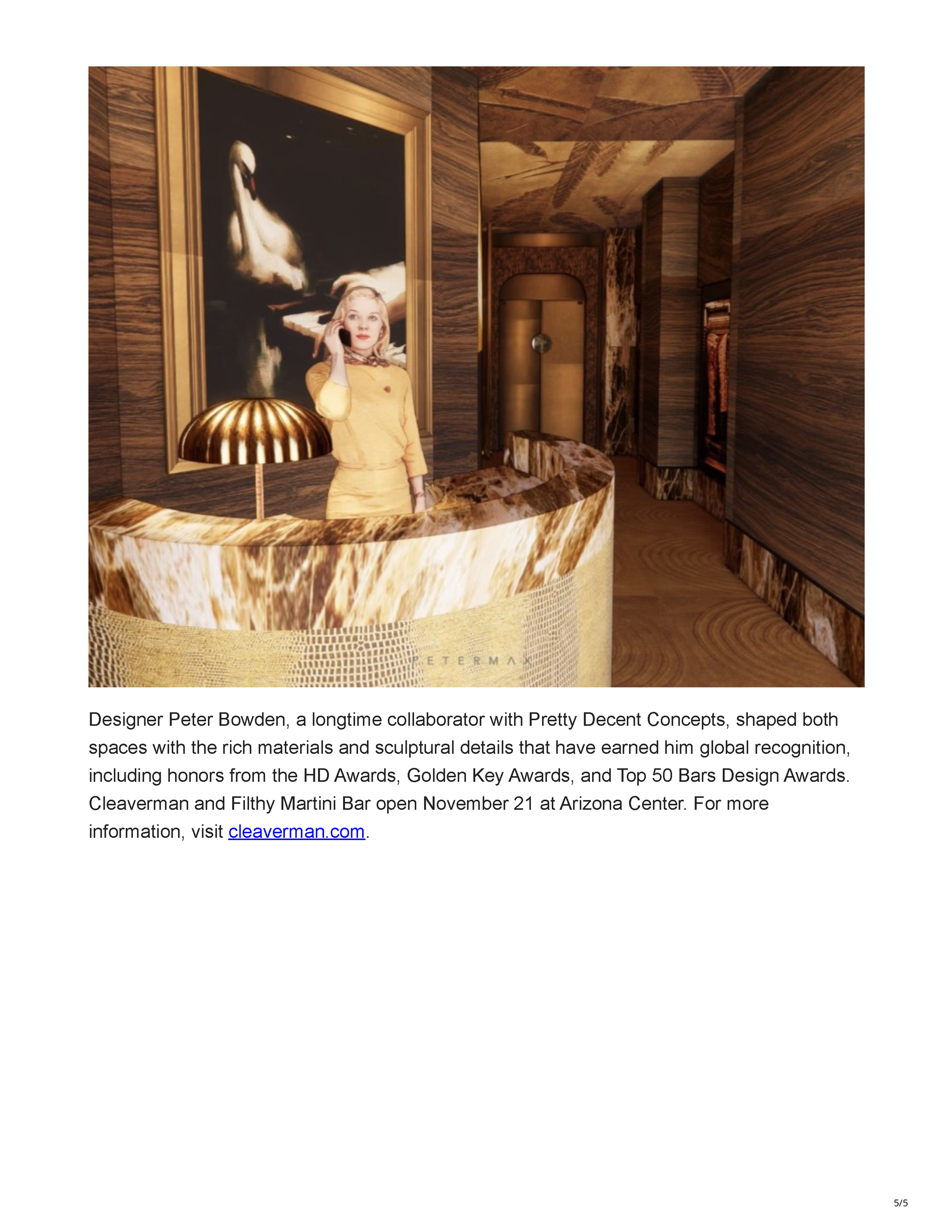 Page 5 of the Arizona Foothills Magazine article announcing the opening of Cleaverman and Filthy Martini Bar in Phoenix.