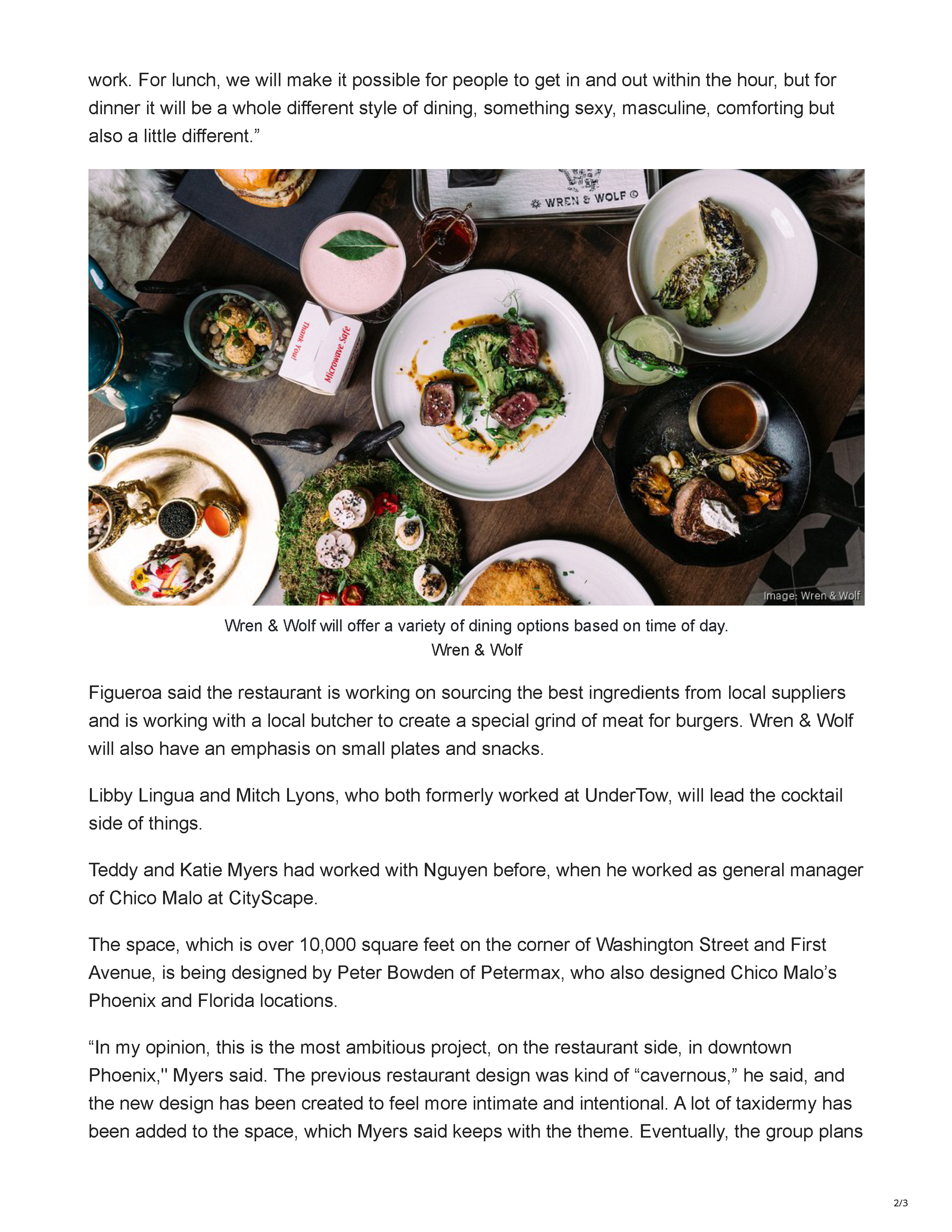 Phoenix Business Journal article page announcing Wren & Wolf, a new Downtown Phoenix restaurant concept from the founders of Chico Malo, featuring an interior rendering designed by Peter Bowden, page 2.