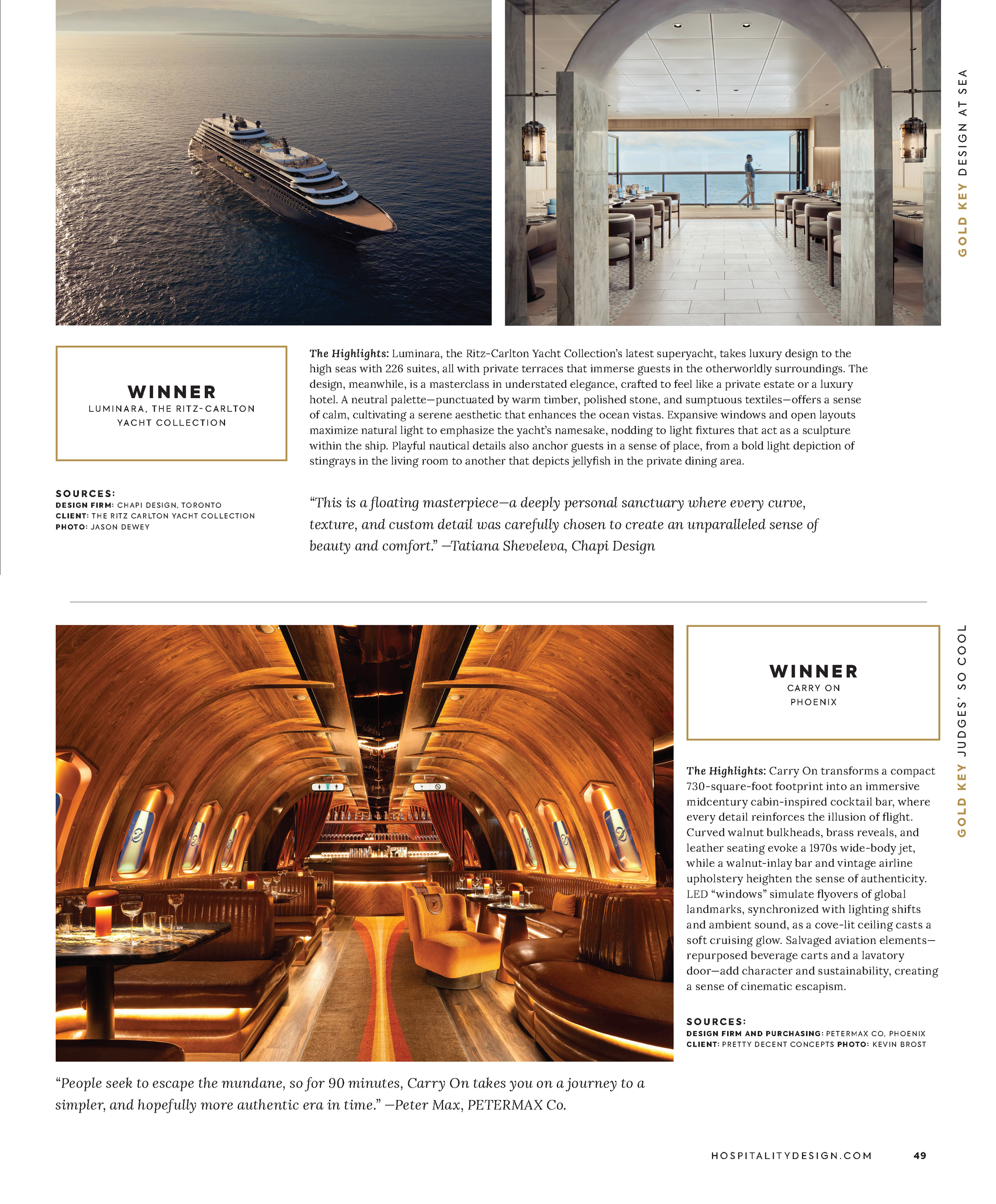 Boutique Design feature highlighting Carry On Airlines as the 2025 Gold Key Award winner in the Bar, Club & Lounge category, Page 6.