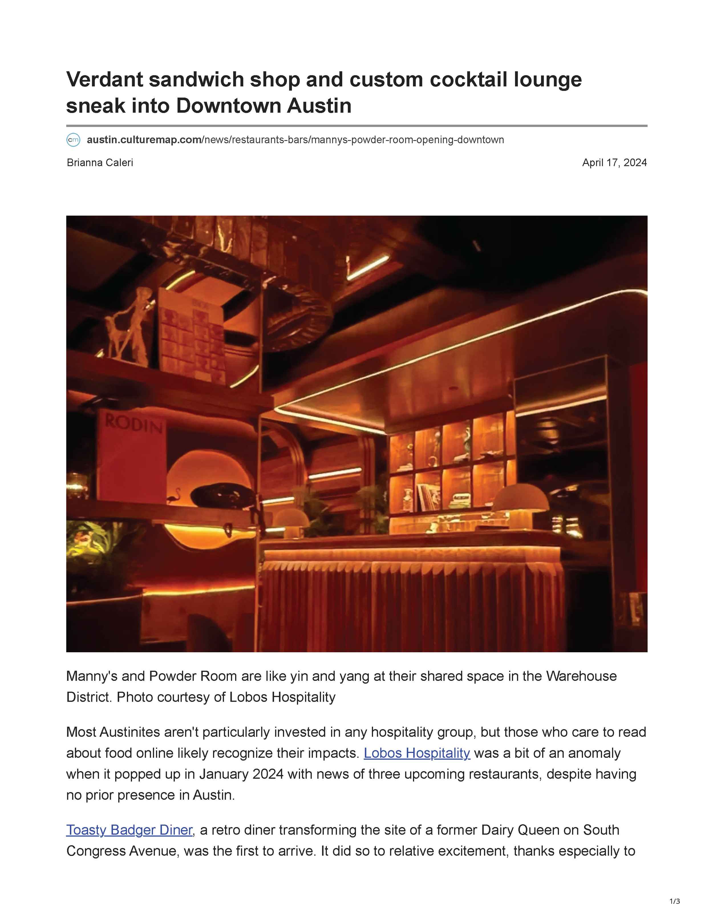 CultureMap Austin article featuring PETERMAX-designed Powder Room cocktail lounge in Downtown Austin, page 1.