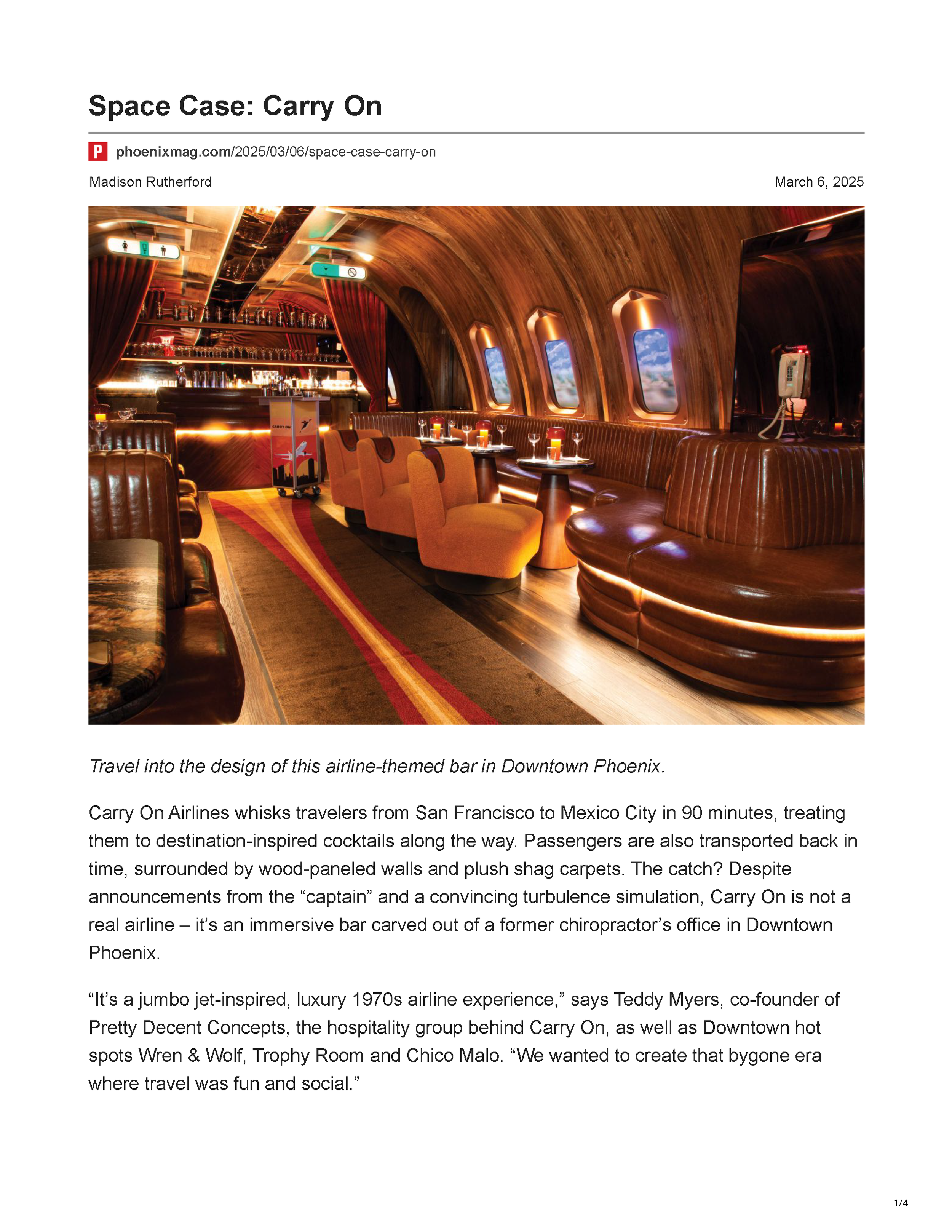 PHOENIX magazine Space Case feature exploring Peter Bowden’s design of Carry On, an immersive 1970s airline-inspired cocktail bar in Downtown Phoenix, page 1.