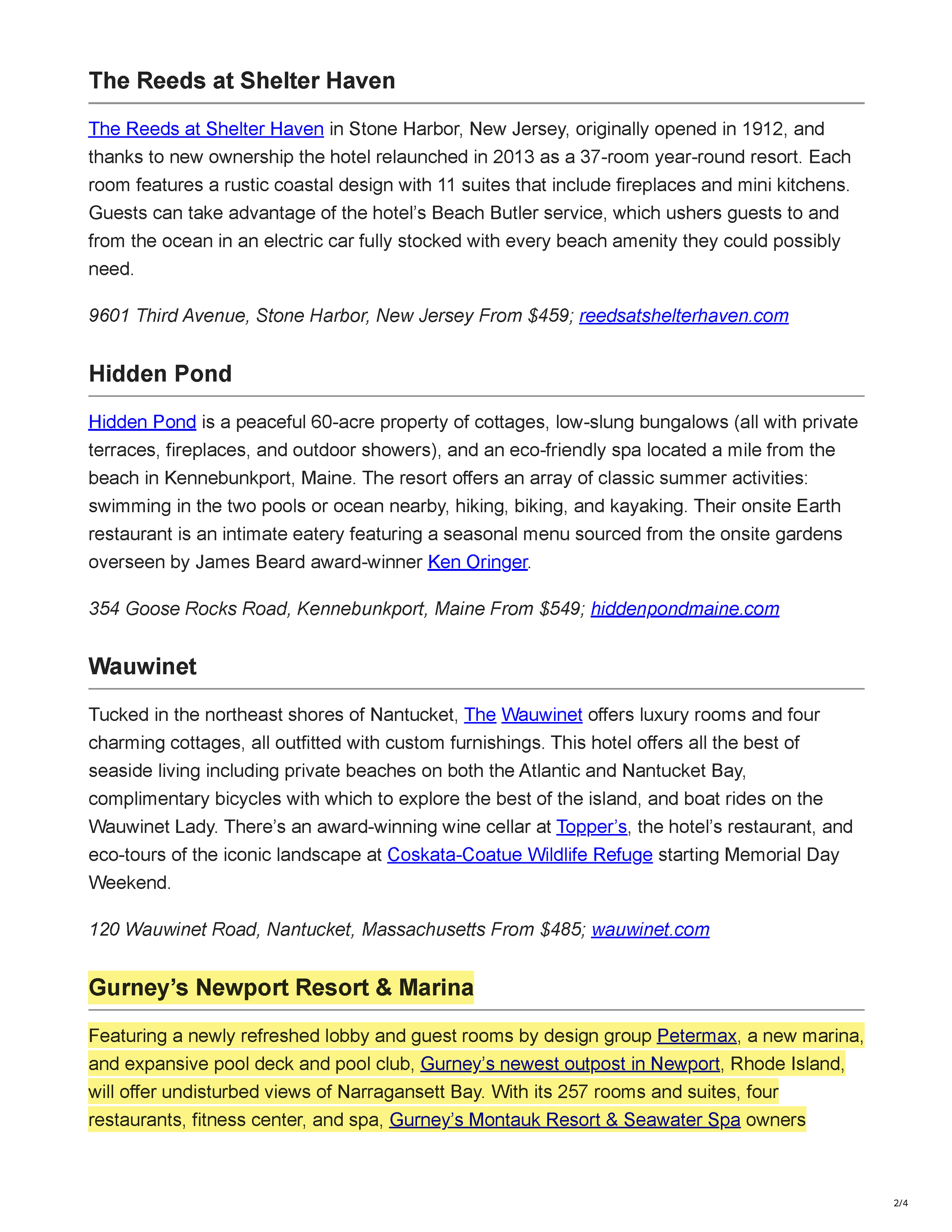Domino article introducing Gurney’s Newport Resort & Marina and crediting Petermax Co. with the resort’s refreshed lobby and guest rooms, page 2.