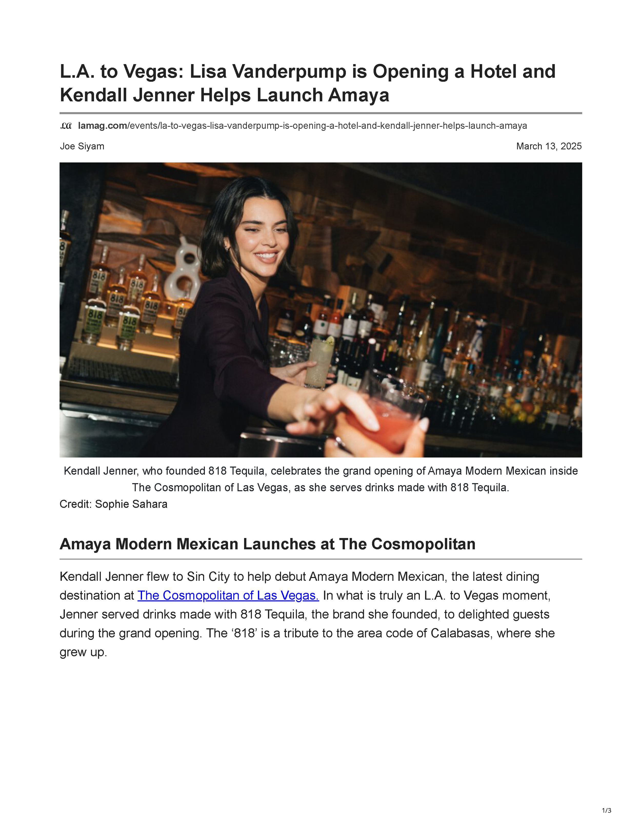 Los Angeles Magazine article page covering the launch of Amaya Modern Mexican at The Cosmopolitan of Las Vegas, featuring Kendall Jenner at the opening event, page 1.