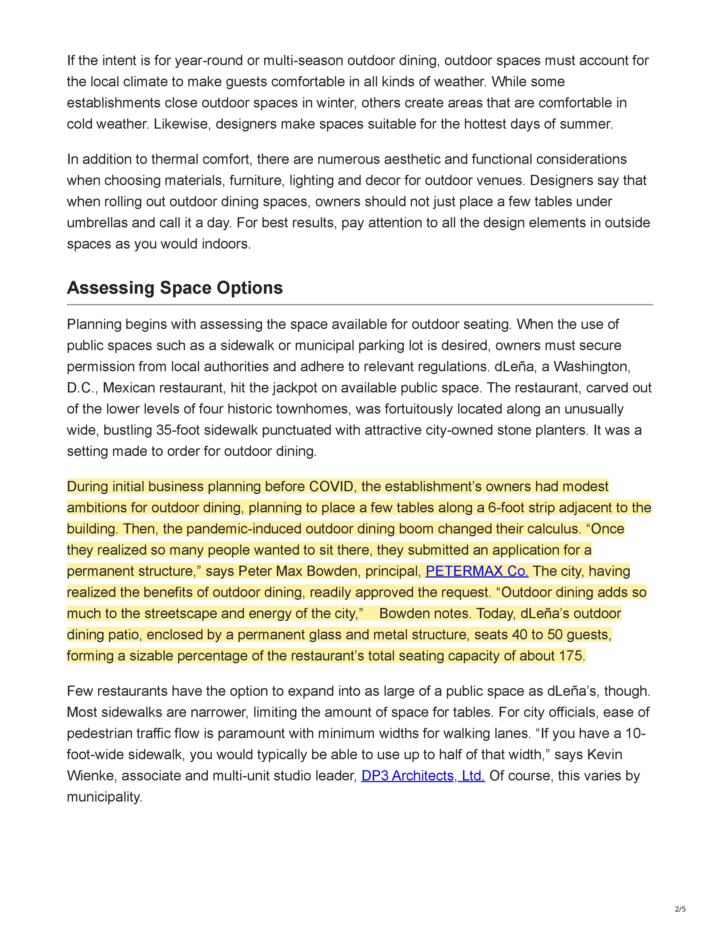 Restaurant Development + Design’s article “Form + Function: Outdoor Dining,” introducing the continued importance of thoughtfully planned restaurant patios, page 2.