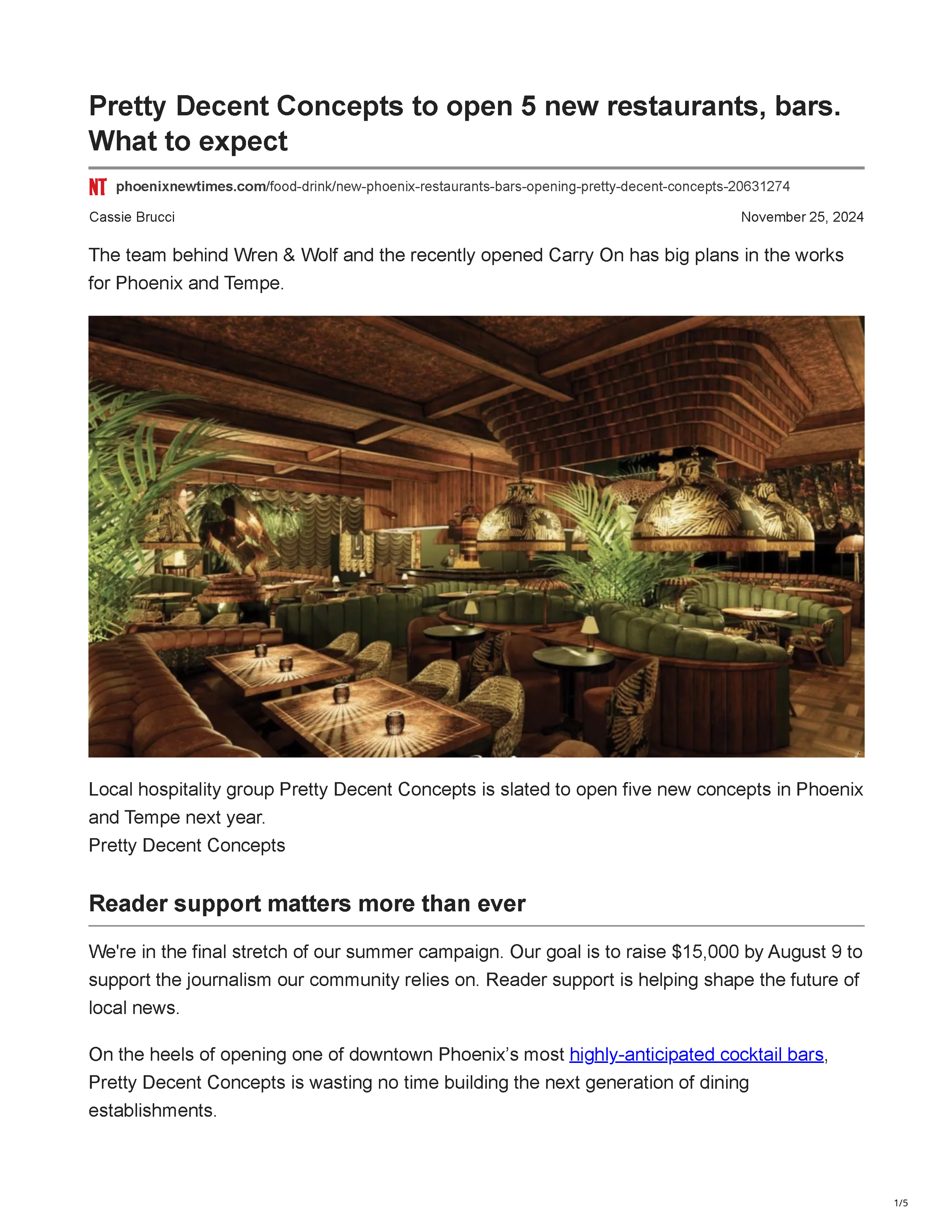 Phoenix New Times article page announcing Pretty Decent Concepts’ five planned Phoenix and Tempe restaurants and bars, featuring a rendering of a tropical, 1970s-inspired restaurant interior, page 1.