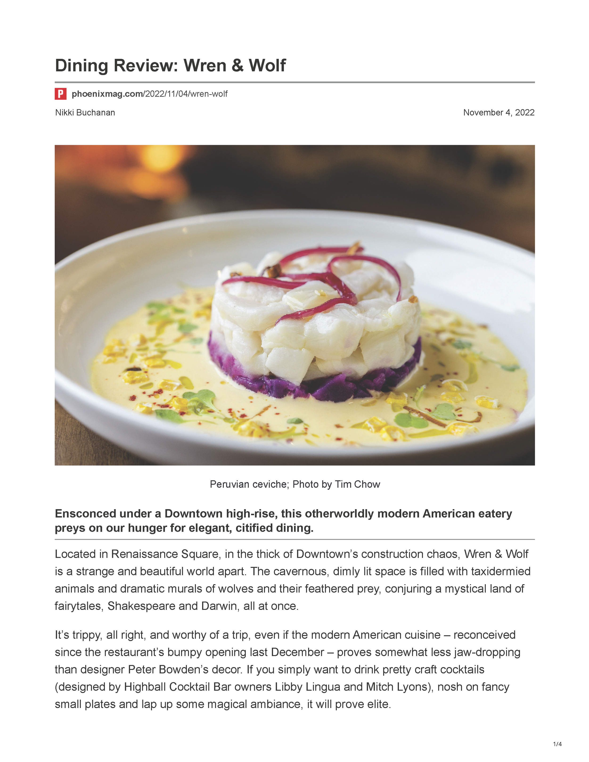 Phoenix Magazine article page featuring a dining review of Wren & Wolf with a photograph of Peruvian ceviche, page 1.