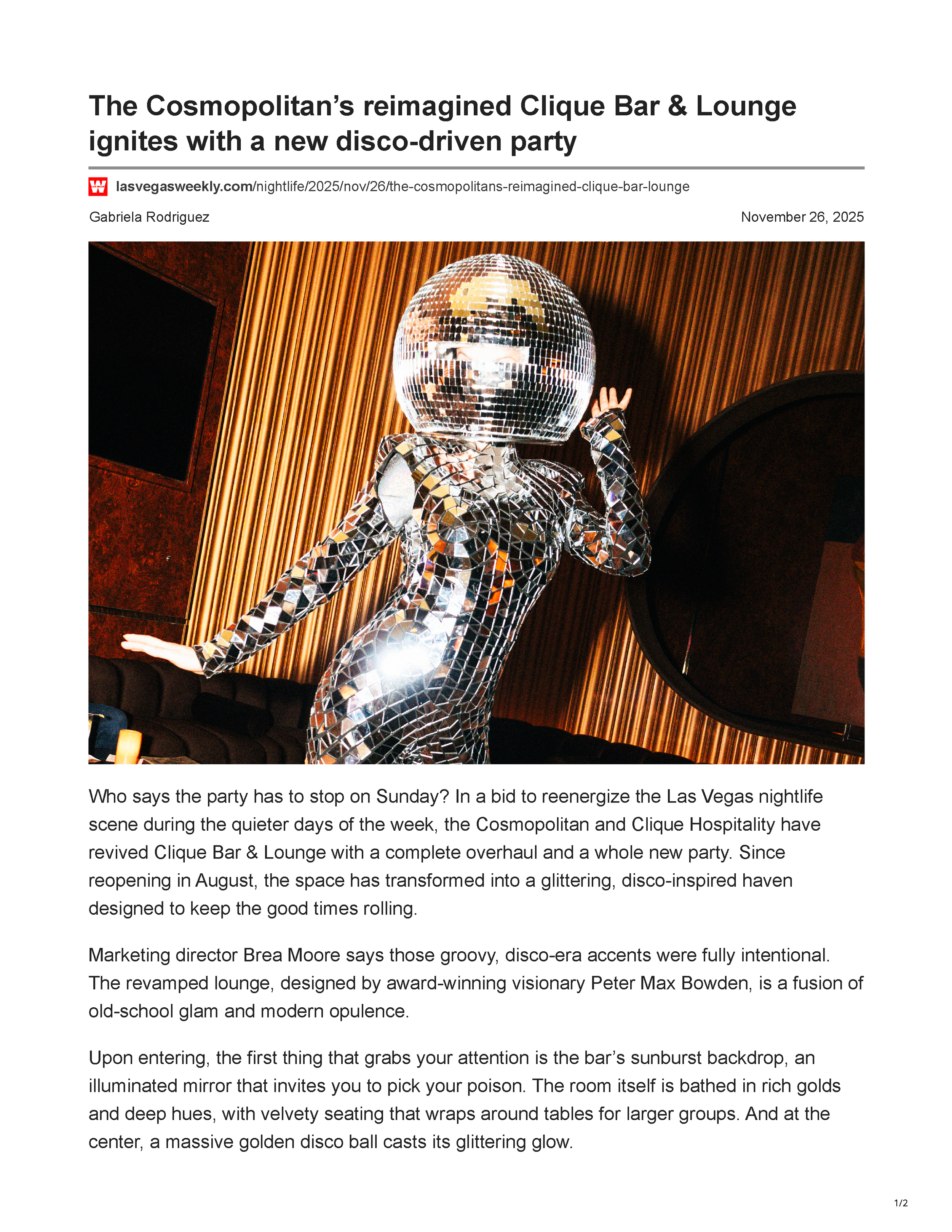 Page 1 of the Las Vegas Weekly article about the reimagined CliQue Bar & Lounge at The Cosmopolitan of Las Vegas.