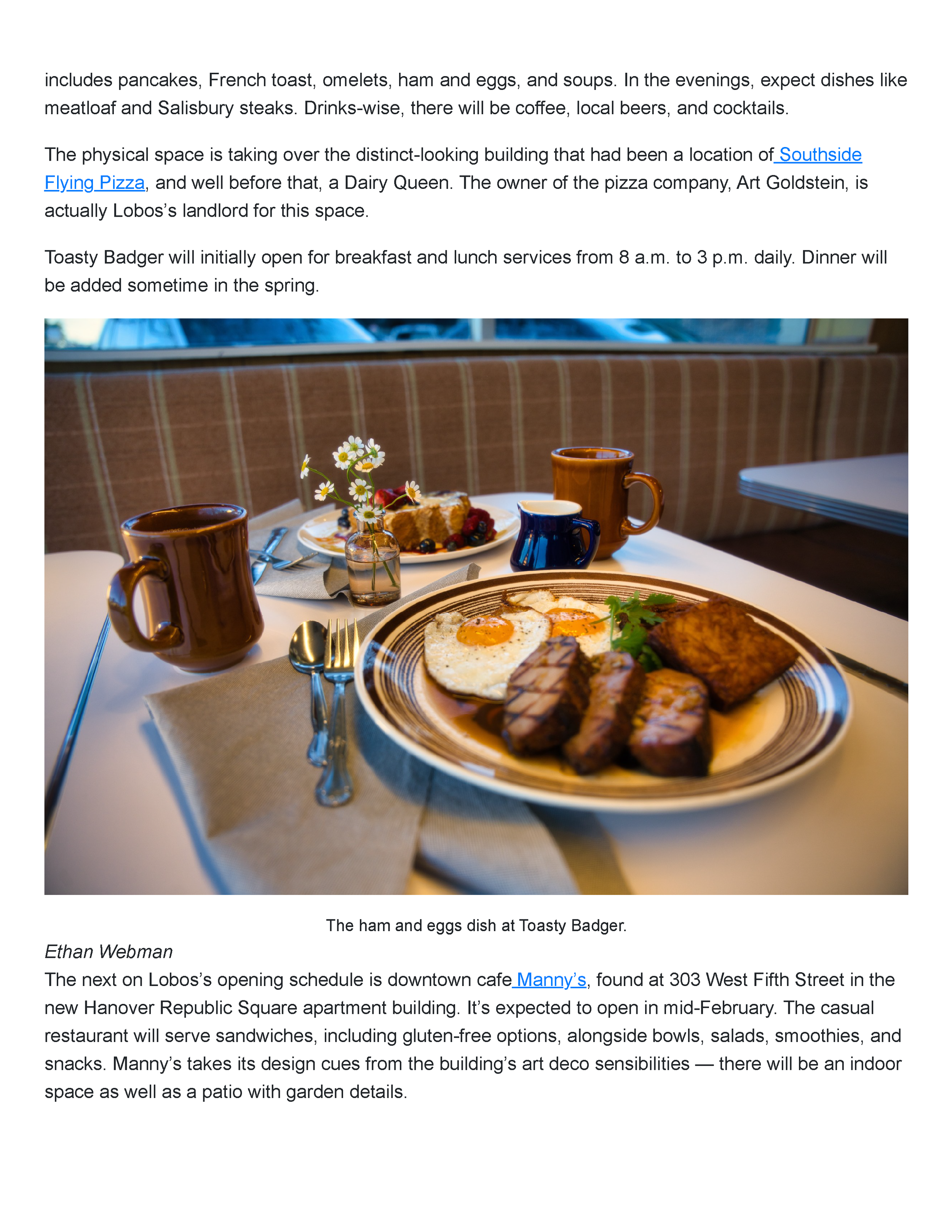 Second page of the Eater Austin feature describing Toasty Badger and introducing Manny’s in downtown Austin.