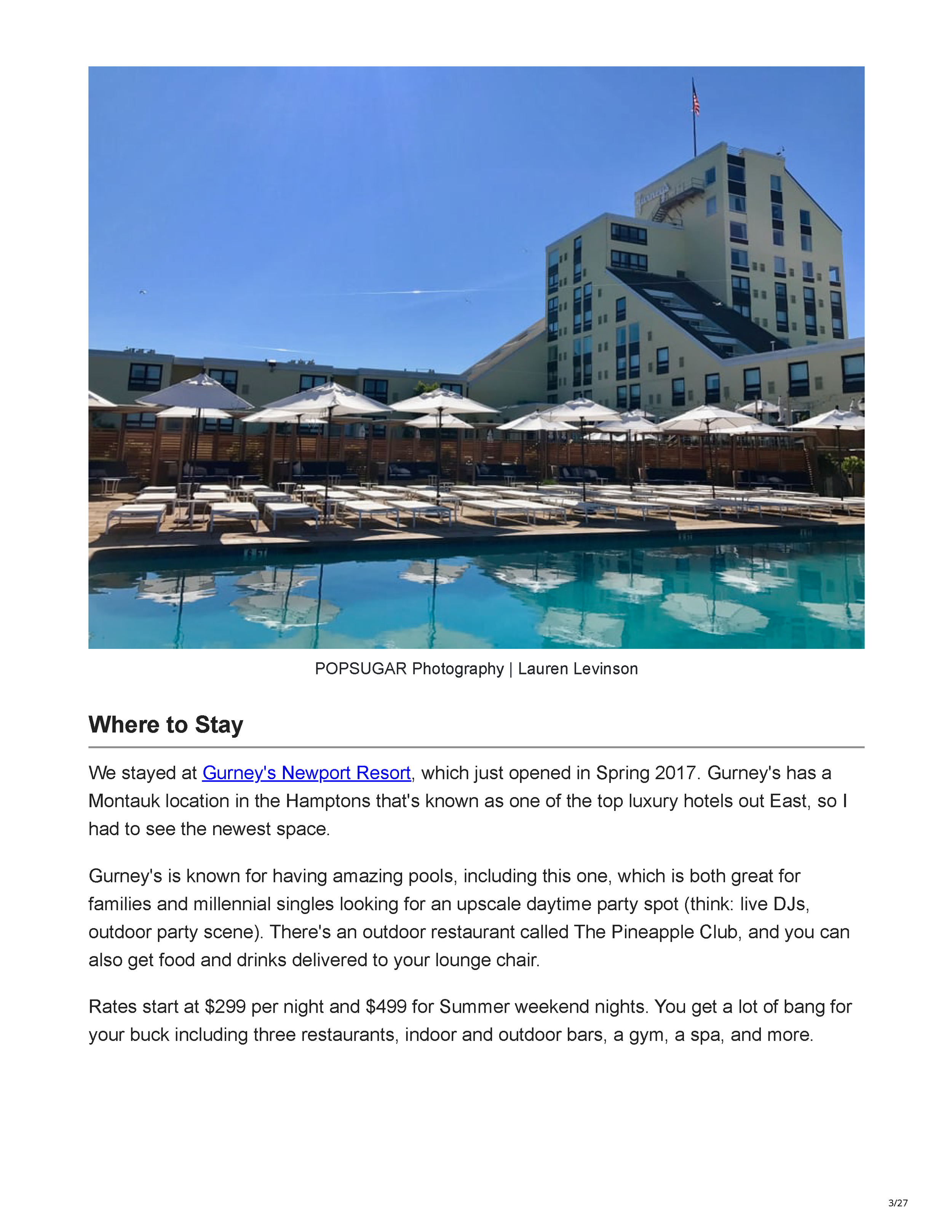 POPSUGAR’s Newport travel feature crediting Peter Max Bowden of PETERMAX Co. with the sophisticated nautical interiors of Gurney’s Newport Resort, page 3