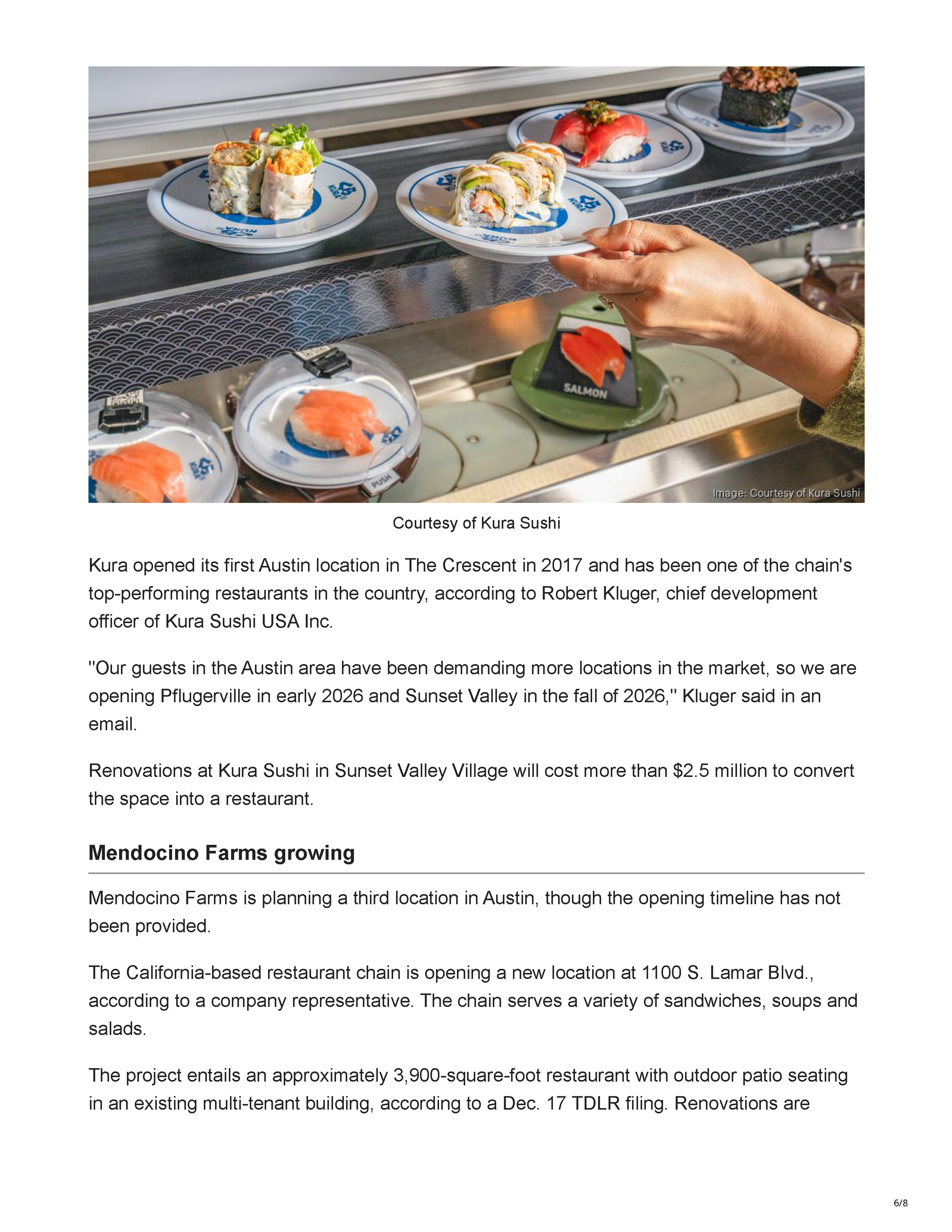 Austin Business Journal article introducing Austin Sports Club, a Kevin Durant-backed downtown Austin restaurant and social club planned for 215 Brazos Street, page 6.