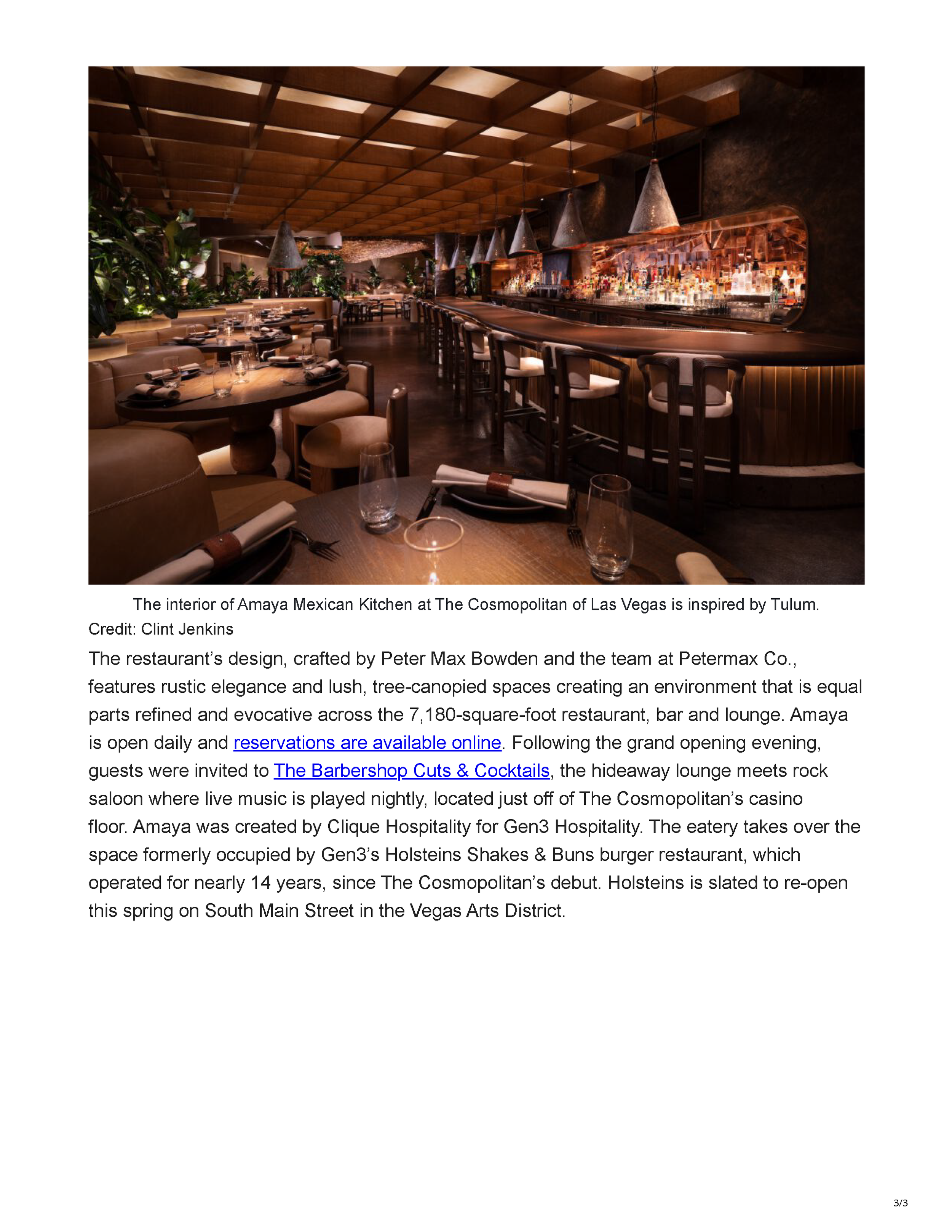 Los Angeles Magazine article page covering the launch of Amaya Modern Mexican at The Cosmopolitan of Las Vegas, featuring Kendall Jenner at the opening event, page 3.