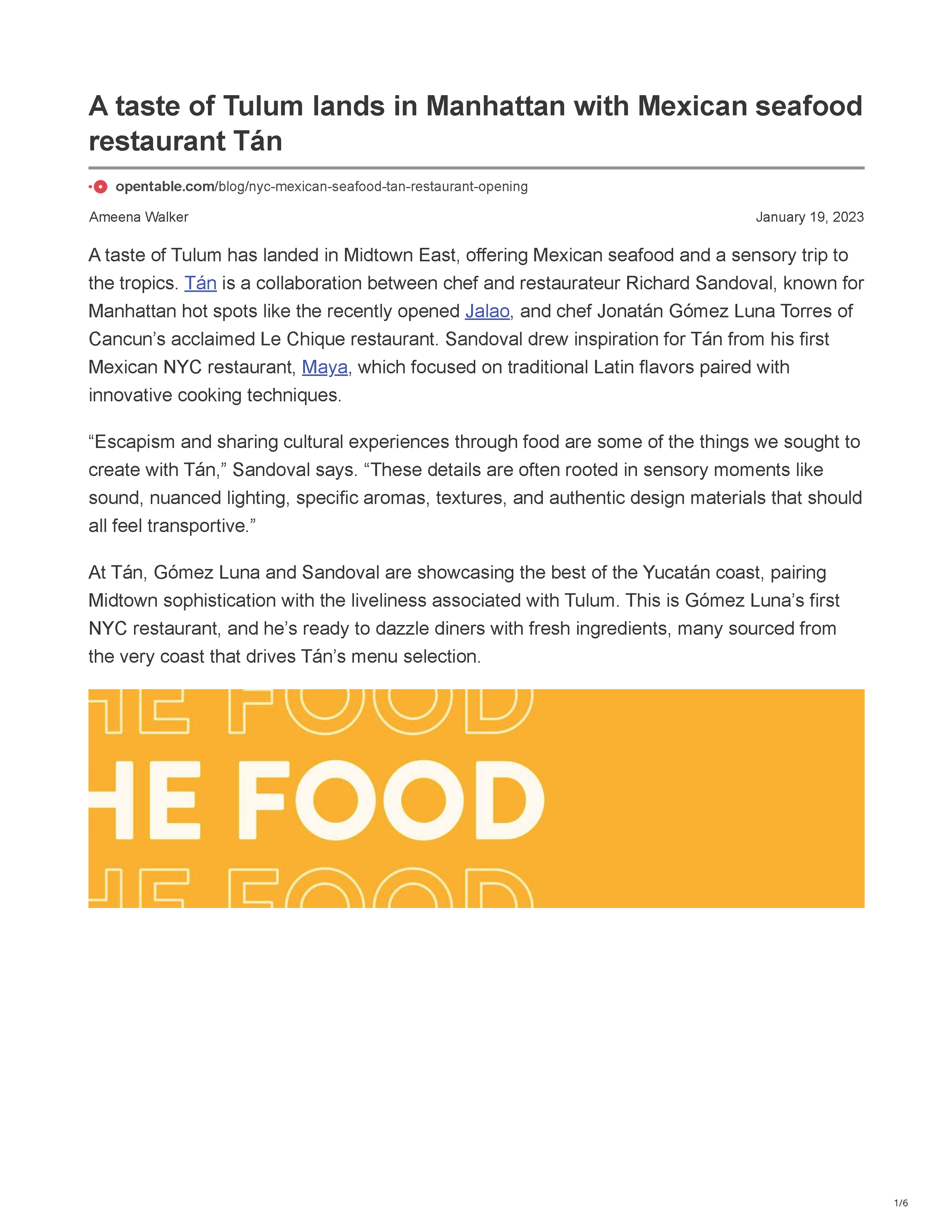 Page 1 of the OpenTable article titled A Taste of Tulum Lands in Manhattan with Mexican Seafood Restaurant Tán.