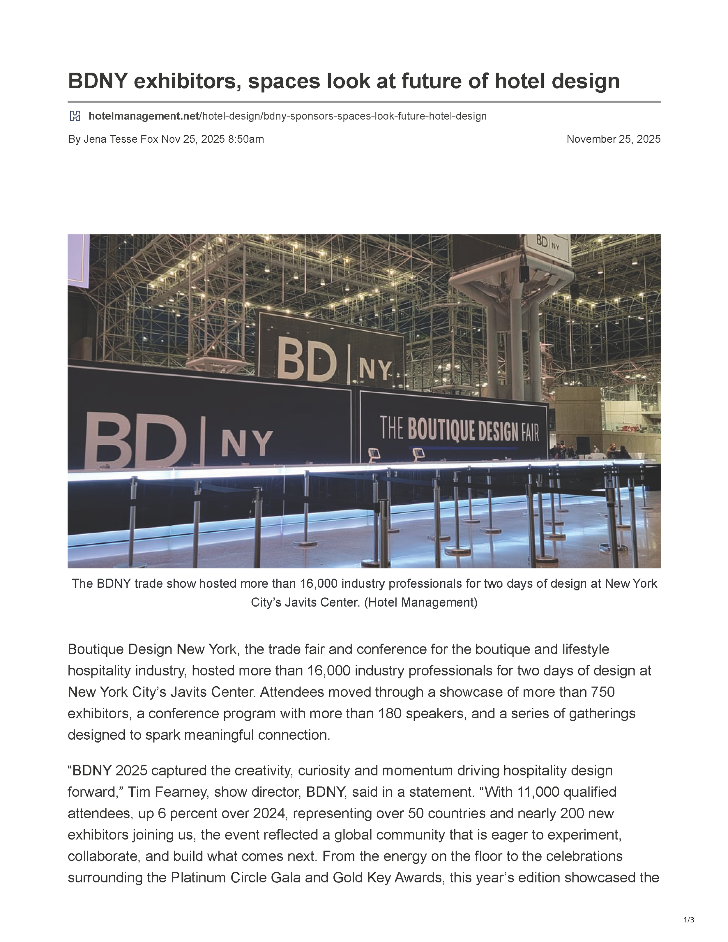 Hotel Management article page reporting that Carry On Airlines by PETERMAX Co. received the Judges’ So Cool Award at the 2025 Gold Key Awards celebration, page 1.