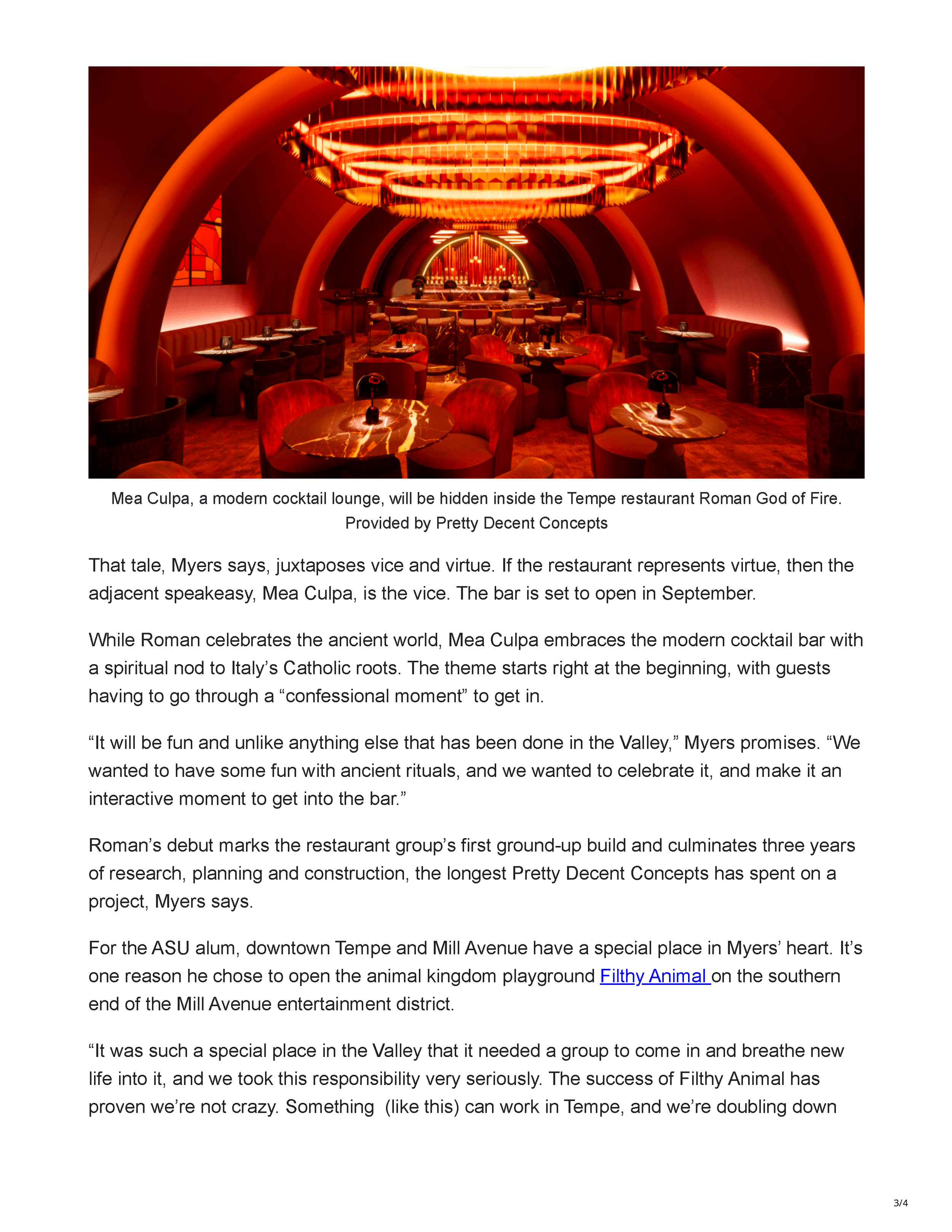 Page 3 of the Phoenix New Times article announcing opening dates for Roman God of Fire in Tempe.