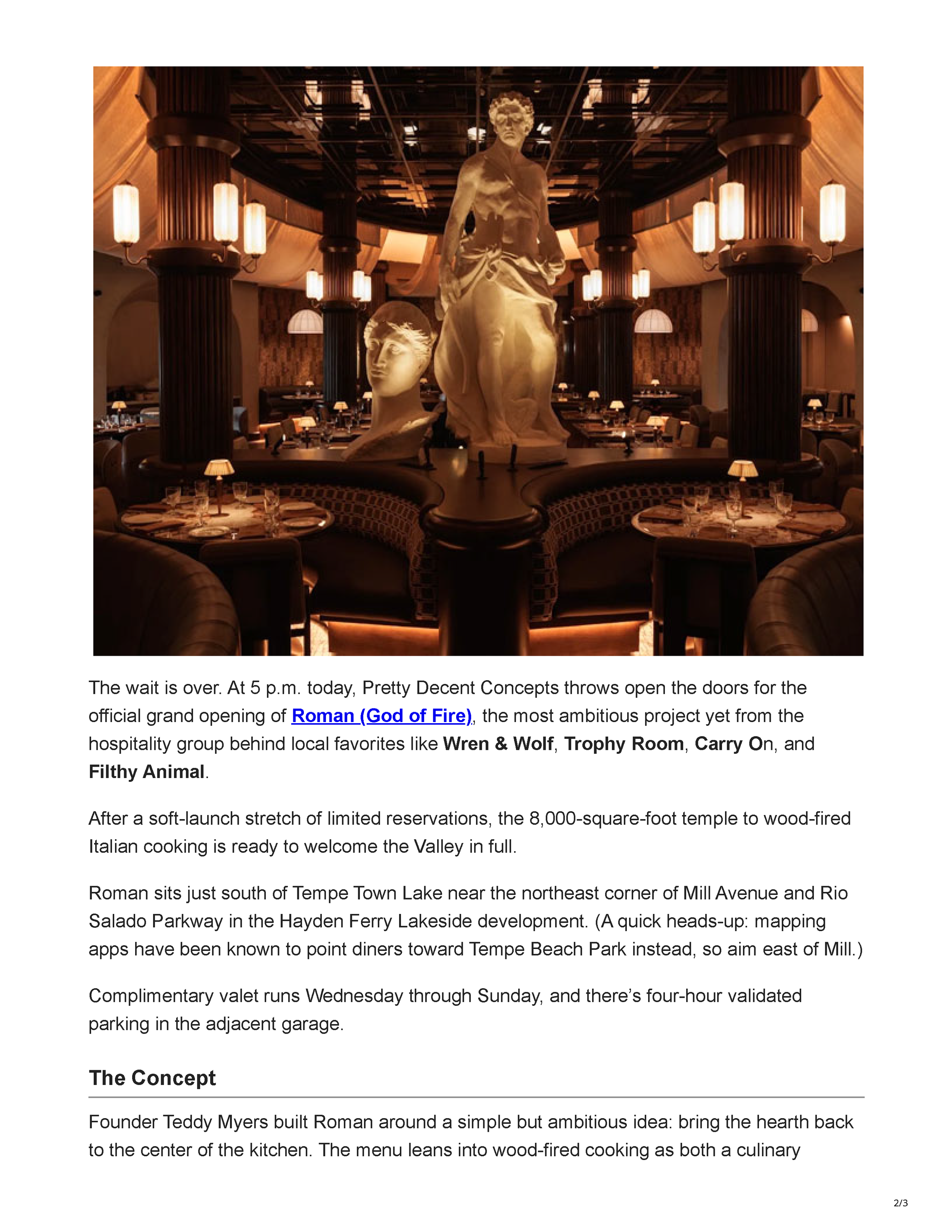 Second page of the Mouth by Southwest article showing Roman God of Fire’s warmly lit dining room with classical sculptures, fluted columns, curved booths and marble-topped tables.