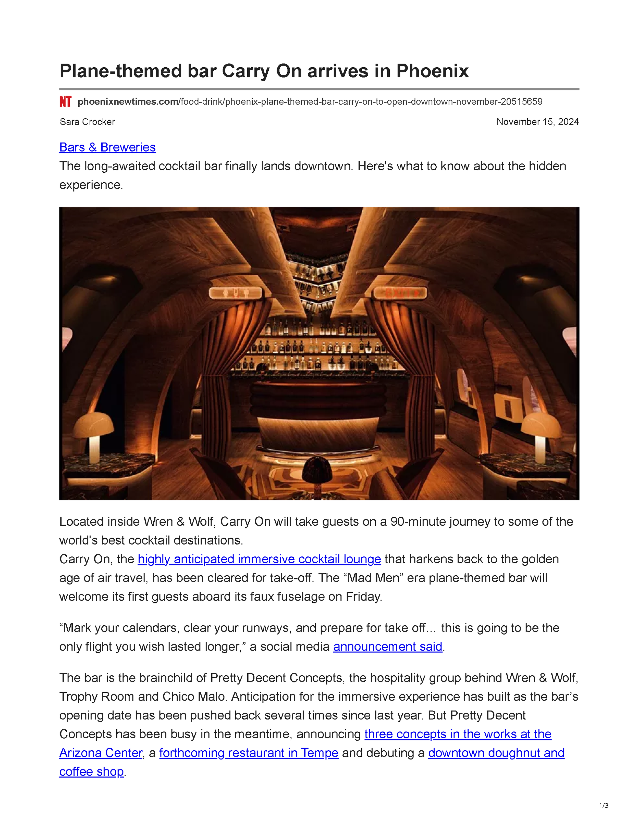 Phoenix New Times article page announcing the opening of Carry On in Downtown Phoenix, featuring a photograph of the airplane-themed cocktail bar interior, page 1.