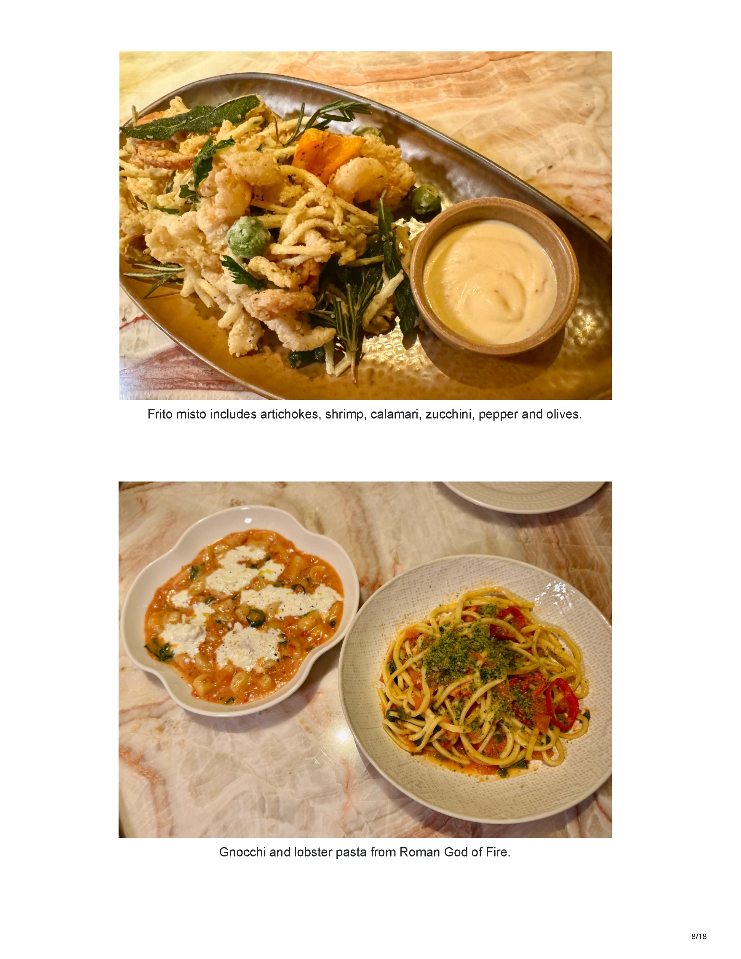 Eighth page of the Phoenix New Times feature showing fritto misto, gnocchi and lobster pasta served at Roman God of Fire.