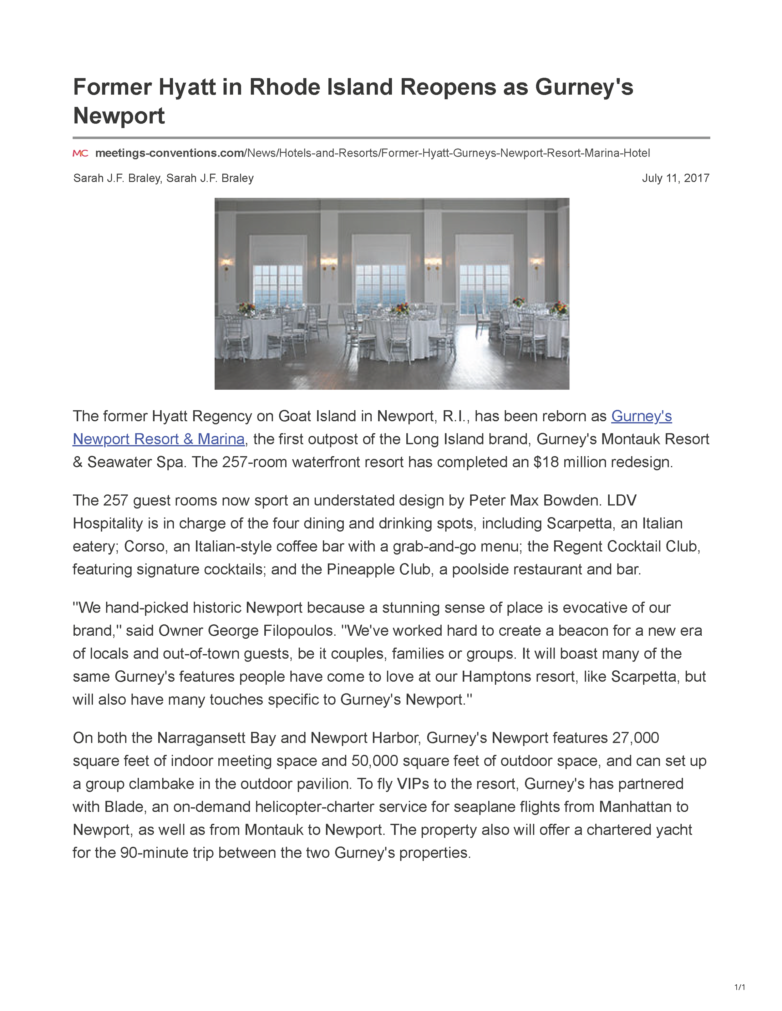 Meetings & Conventions article about the reopening of Gurney’s Newport Resort & Marina following an $18 million redesign.