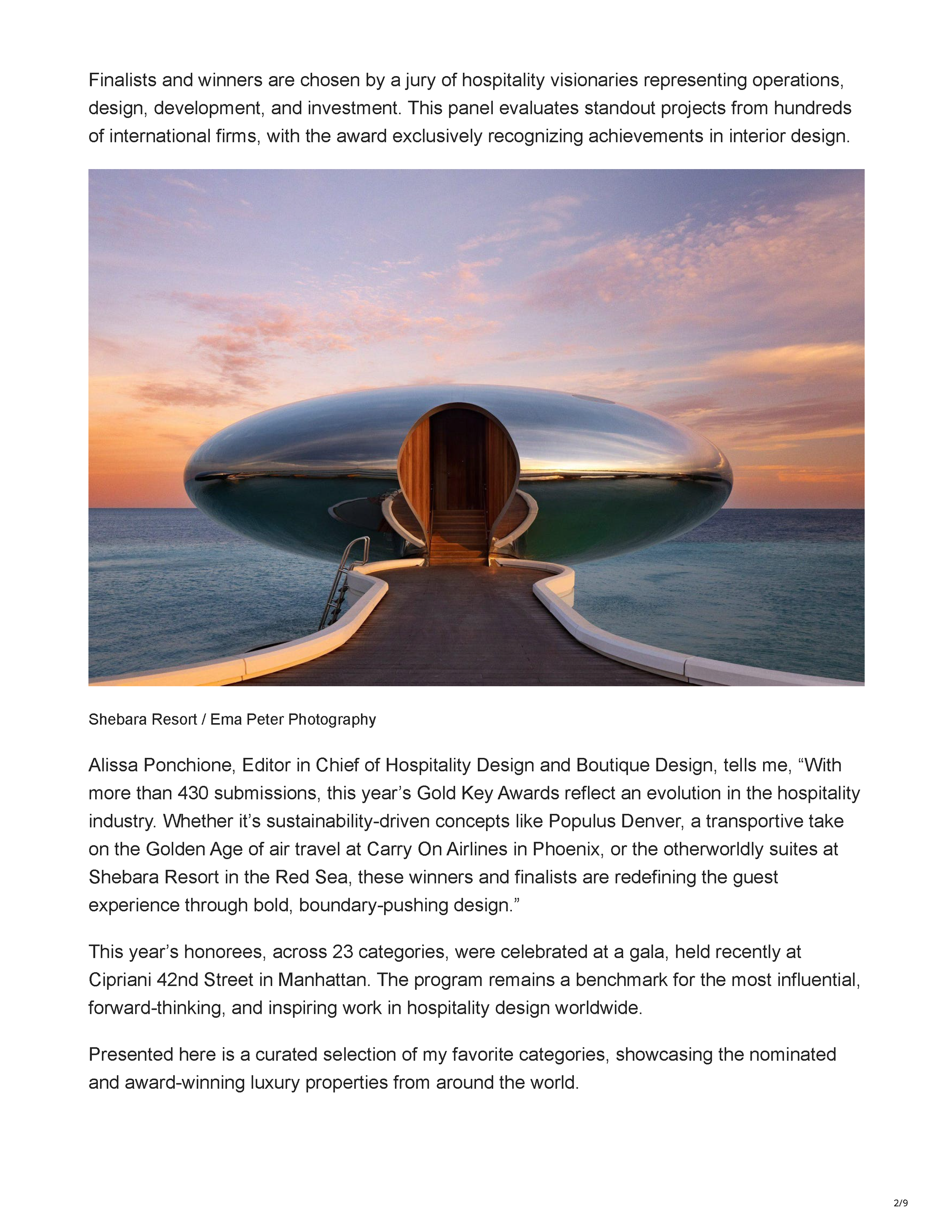 Forbes article “The World’s Best Hotel Designs Honored With Gold Key Awards” by Jim Dobson, page 2