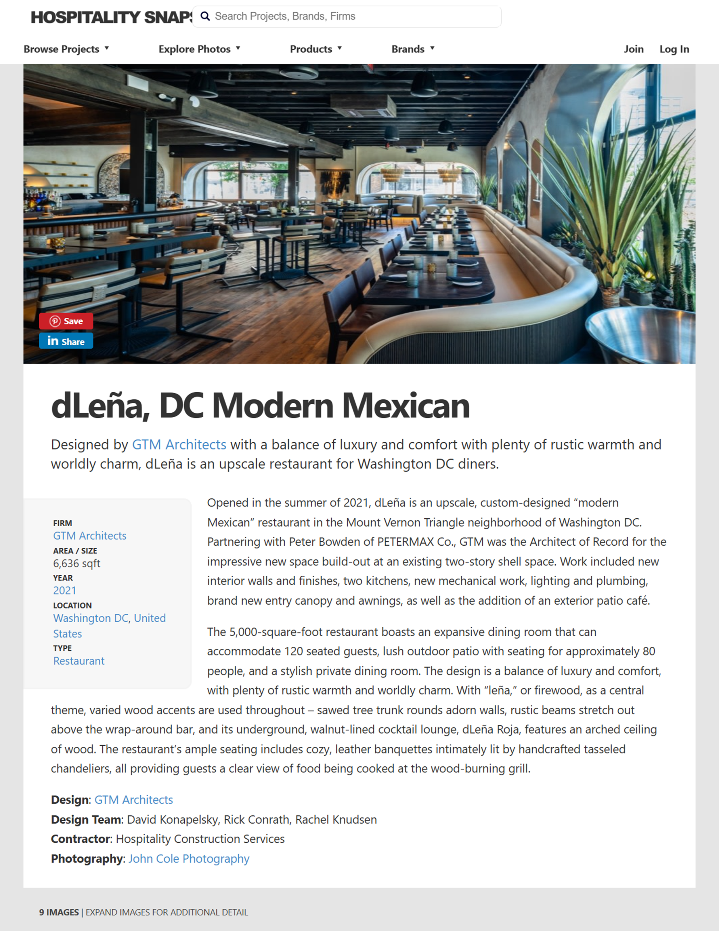 Hospitality Snapshots project page featuring dLeña, a modern Mexican restaurant in Washington, DC, with a photograph of its warm wood-paneled interior and circular bar, page 1.