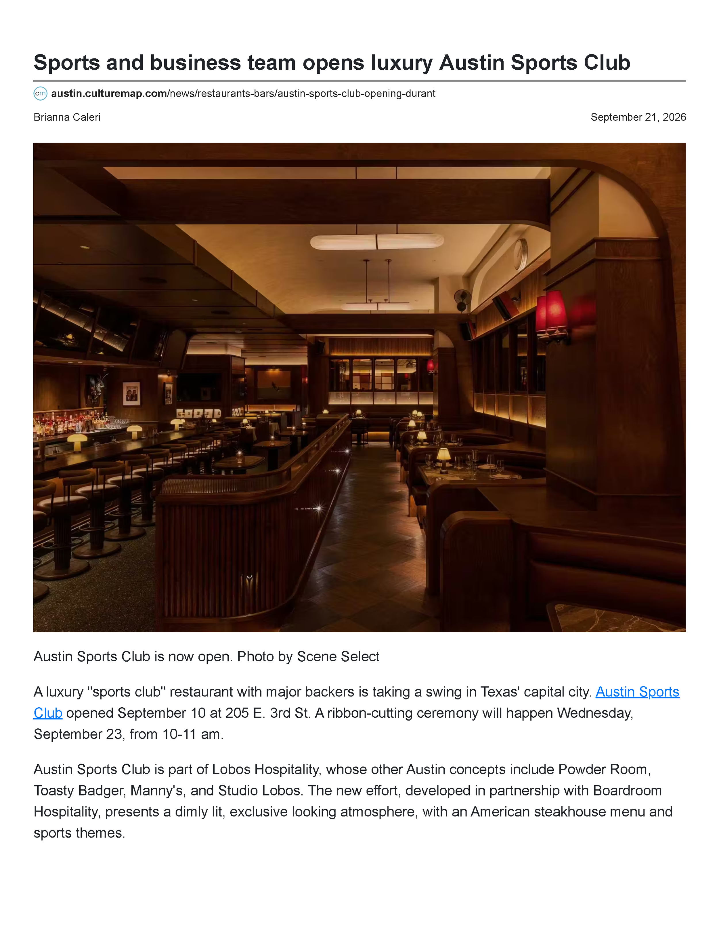 First page of the CultureMap Austin article “Sports and Business Team Opens Luxury Austin Sports Club,” introducing the downtown restaurant and its hospitality partners.
