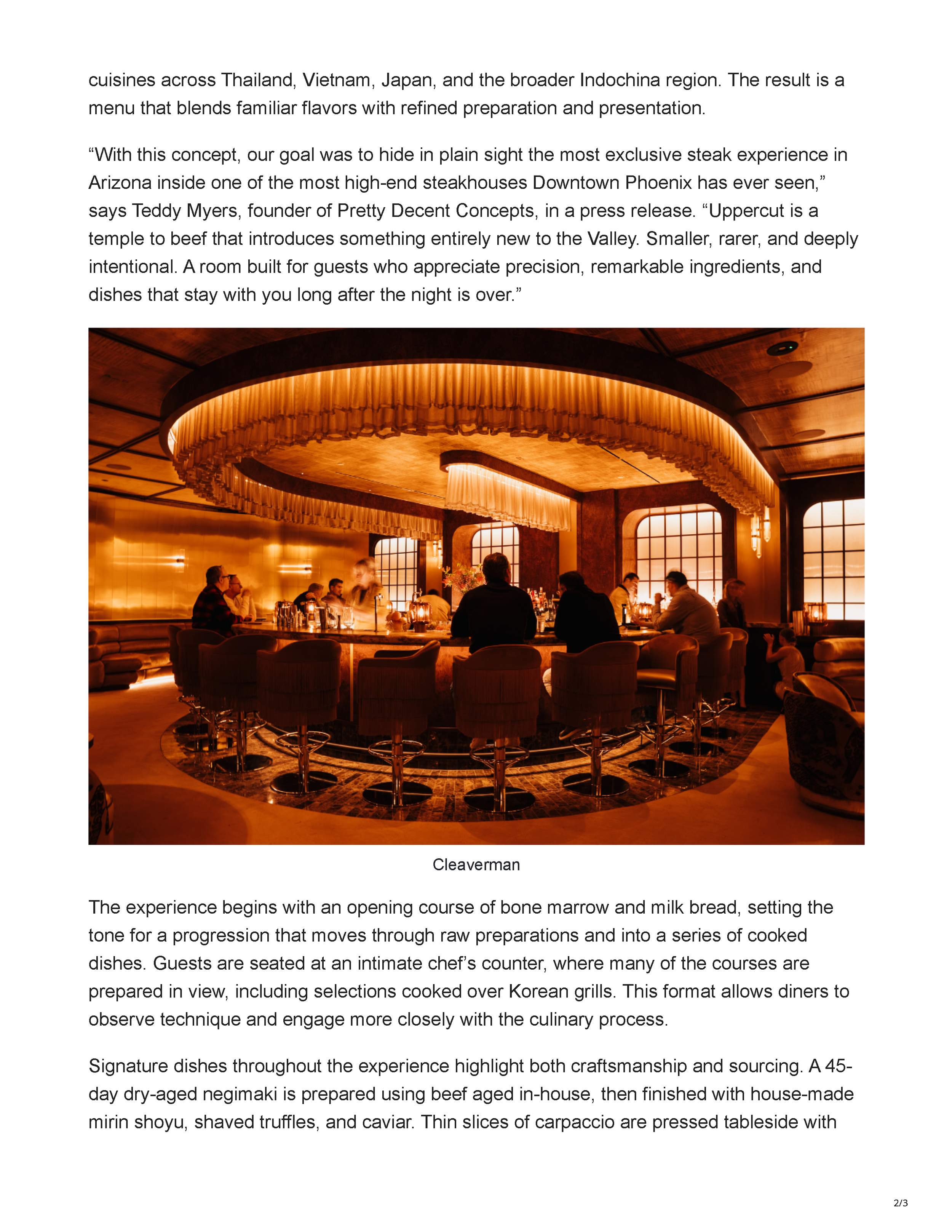 Chef's counter dining room at Uppercut Steak Omakase, showcasing warm wood detailing, integrated lighting, and the intimate restaurant design featured by Fabulous Arizona, page 2.