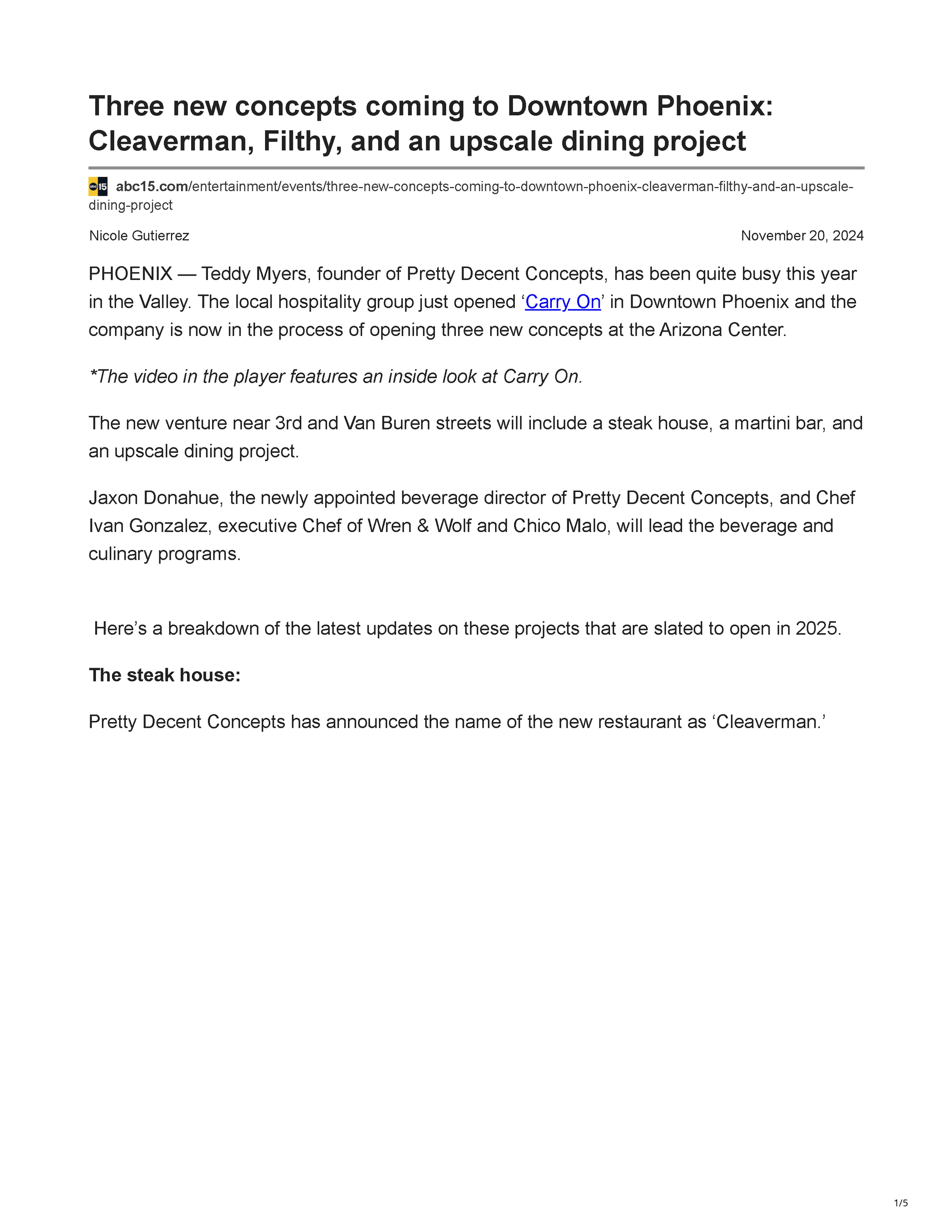 Page 1 of the ABC15 article announcing Cleaverman, Filthy and a new upscale dining concept at Arizona Center in Phoenix.