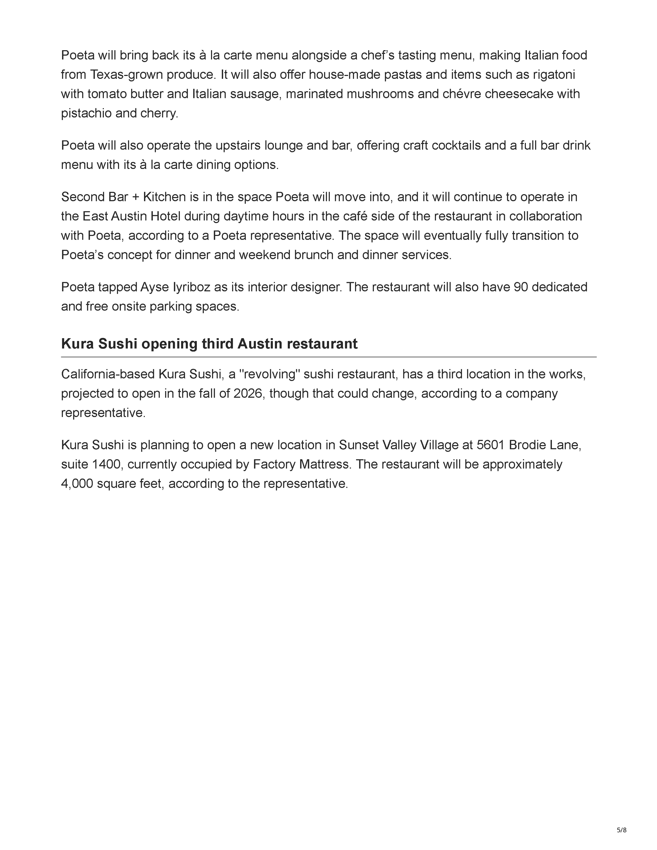 Austin Business Journal article introducing Austin Sports Club, a Kevin Durant-backed downtown Austin restaurant and social club planned for 215 Brazos Street, page 5.