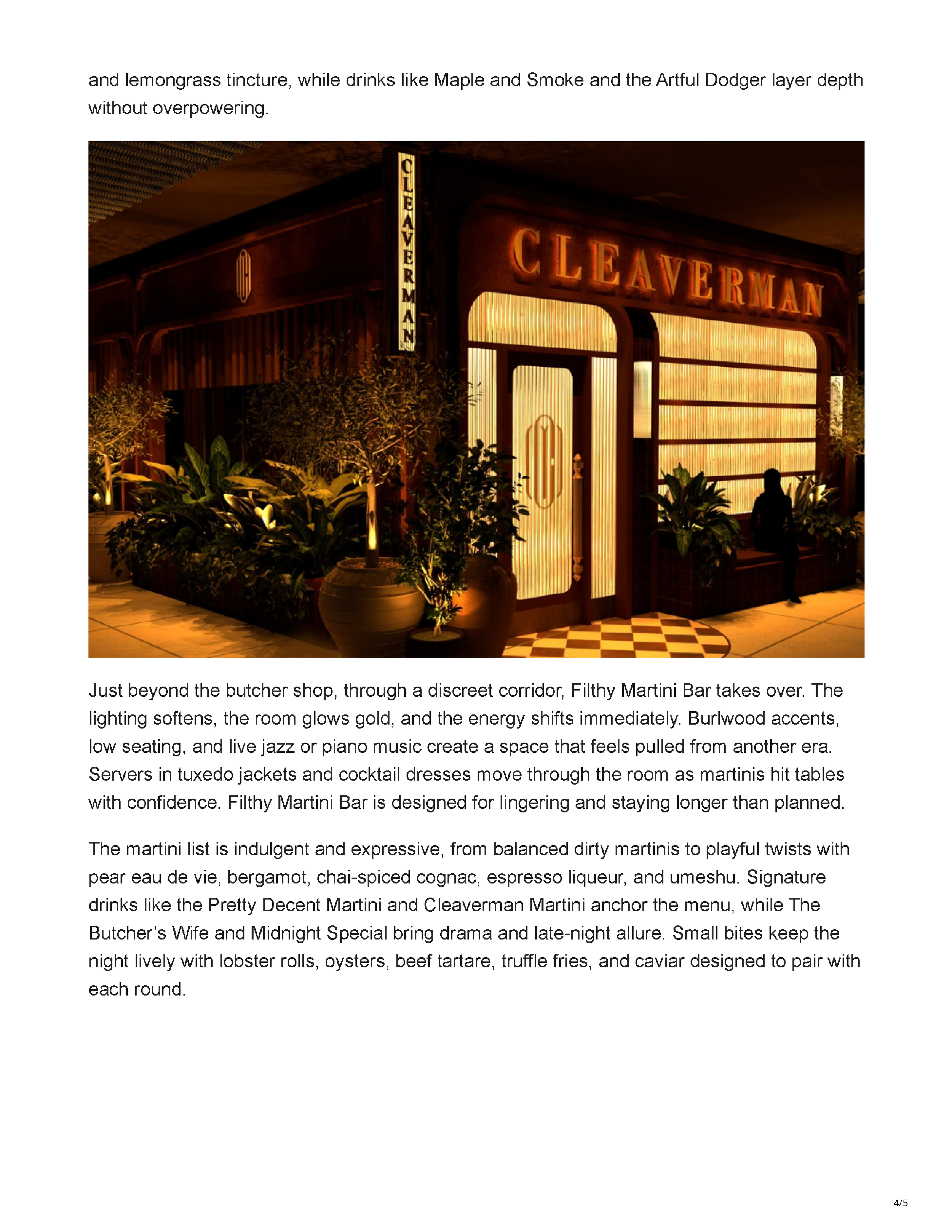 Fabulous Arizona article page featuring Cleaverman and Filthy Martini Bar, adjoining steakhouse and cocktail lounge concepts in Downtown Phoenix designed by Peter Bowden, page 4.