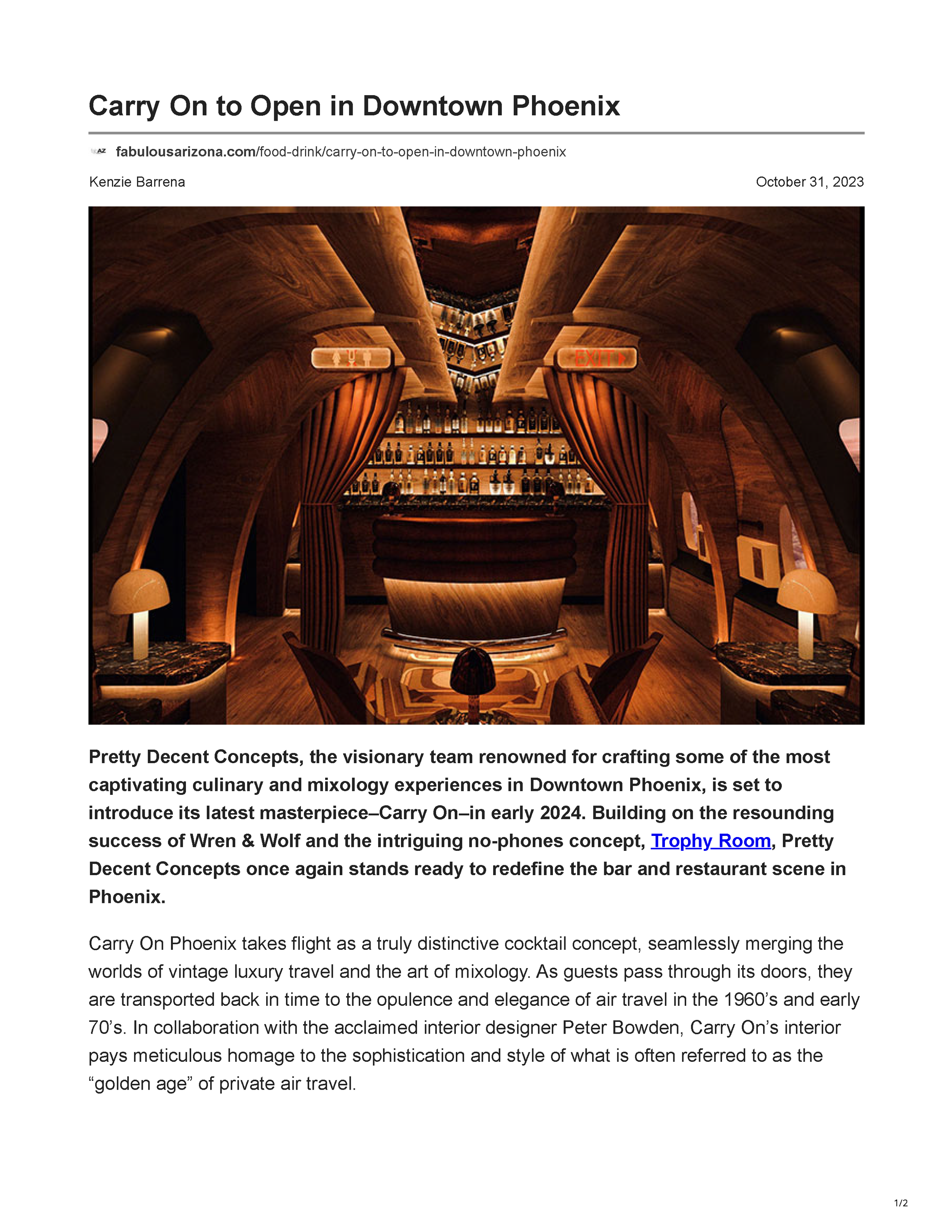 Fabulous Arizona article previewing Carry On, a 1970's airplane-themed cocktail bar opening in Downtown Phoenix, with a rendering of its wood-paneled bar interior, page 1