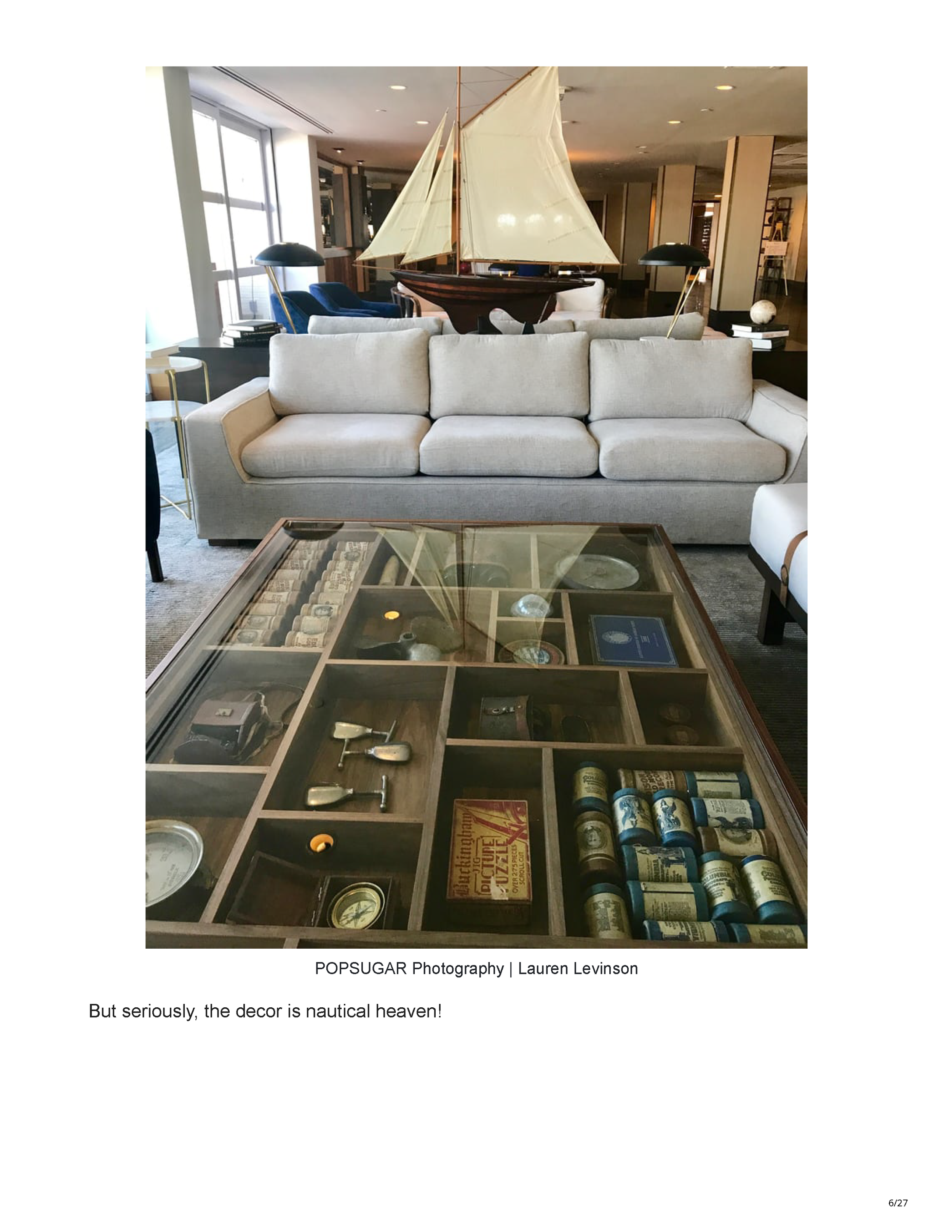 POPSUGAR’s Newport travel feature crediting Peter Max Bowden of PETERMAX Co. with the sophisticated nautical interiors of Gurney’s Newport Resort, page 6
