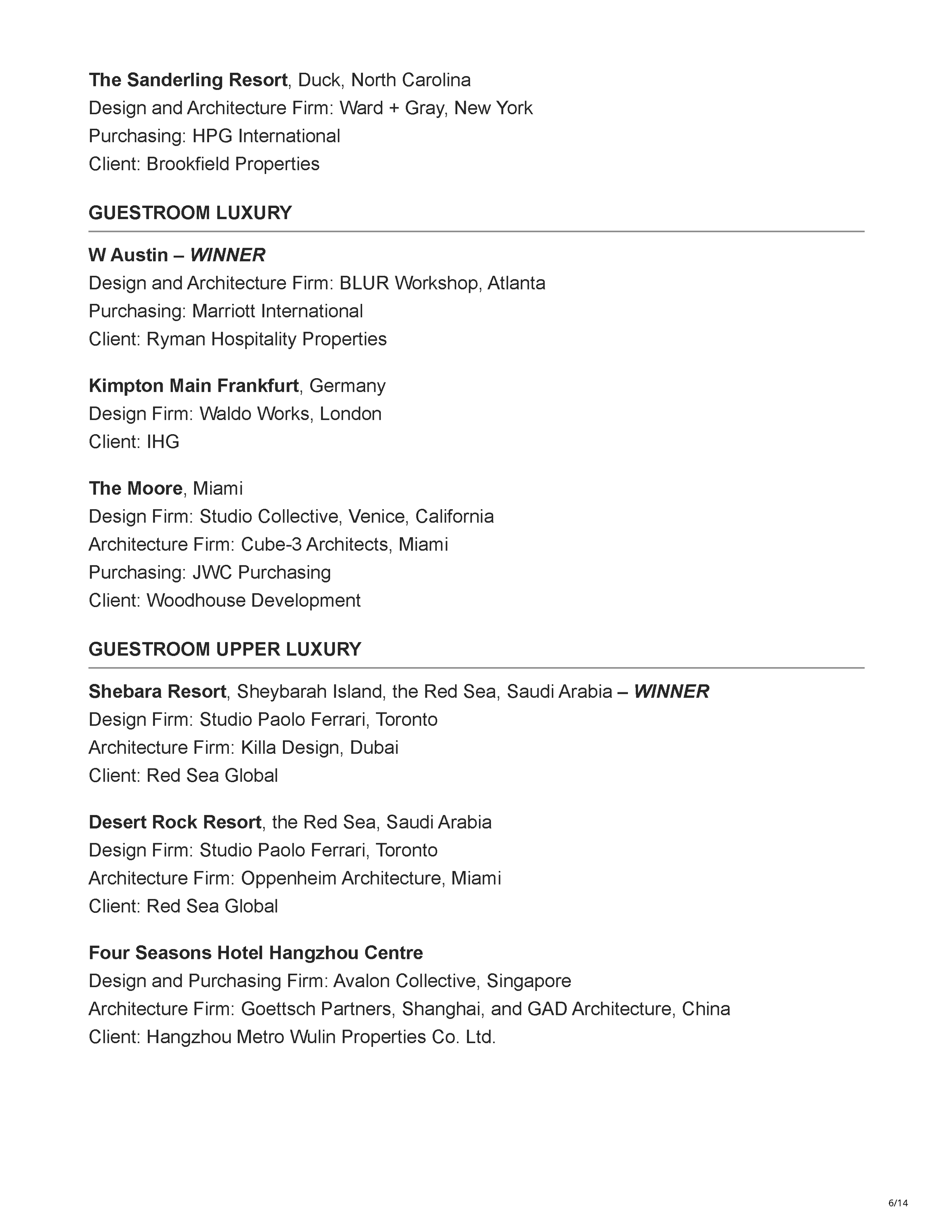 Official 45th Annual Gold Key Awards winners listing showing Carry On Airlines as the Bar/Club/Lounge winner, Drop Dead Gorgeous as a finalist, and Carry On Airlines receiving the Judges' So Cool Award, page 6.