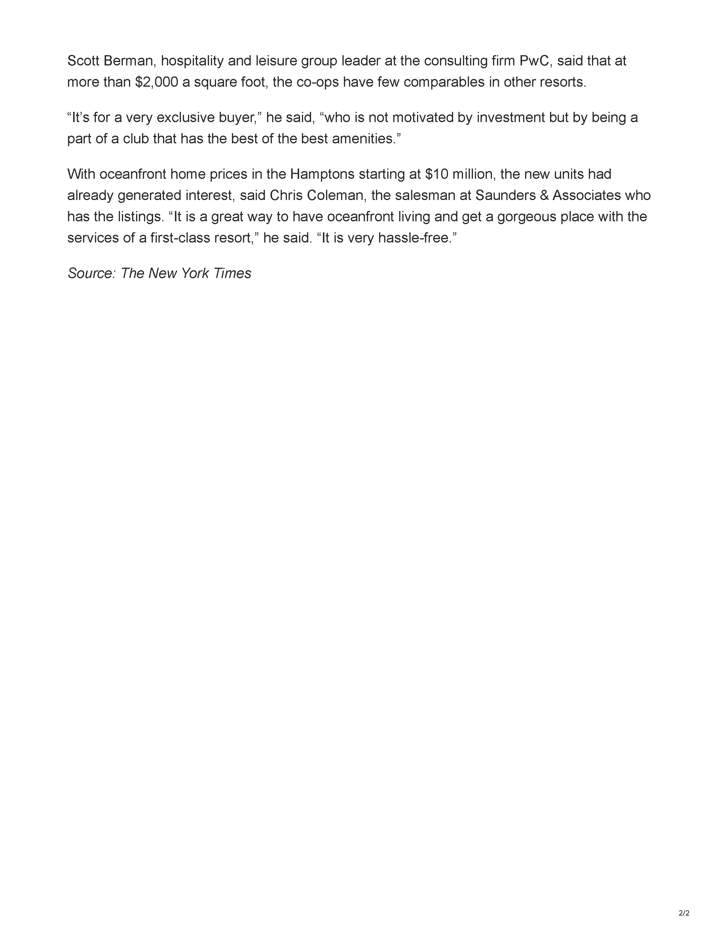 Mann Report article discussing the limited comparable market and resort-serviced appeal of the Gurney’s Montauk oceanfront co-ops, page 2.