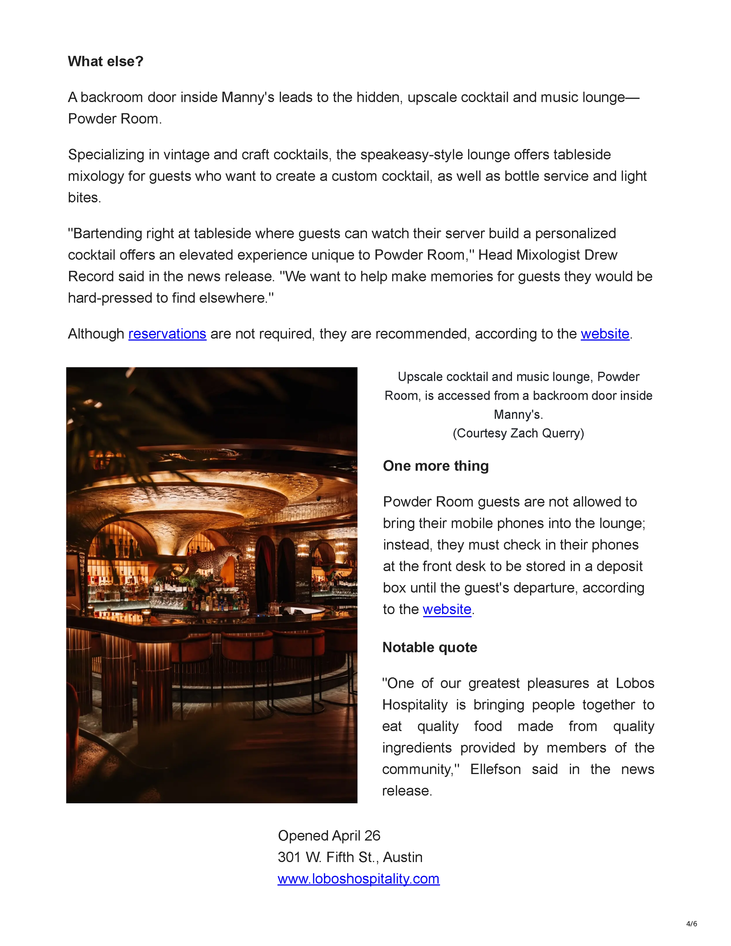 Community Impact article featuring PETERMAX-designed Manny’s and Powder Room in Downtown Austin, Texas, page 4.