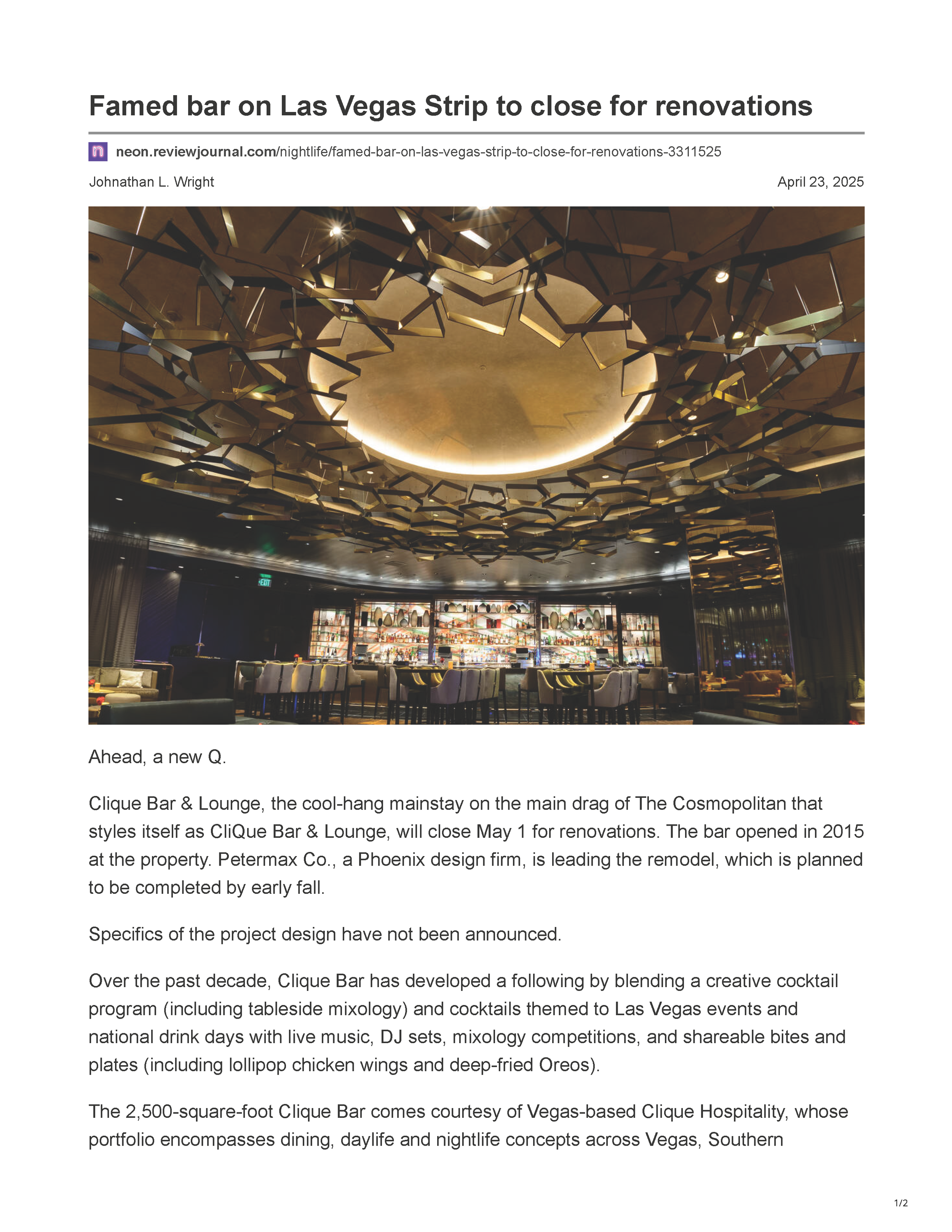 Page 1 of the Neon / Las Vegas Review-Journal article announcing renovations at Clique Bar & Lounge at The Cosmopolitan of Las Vegas.