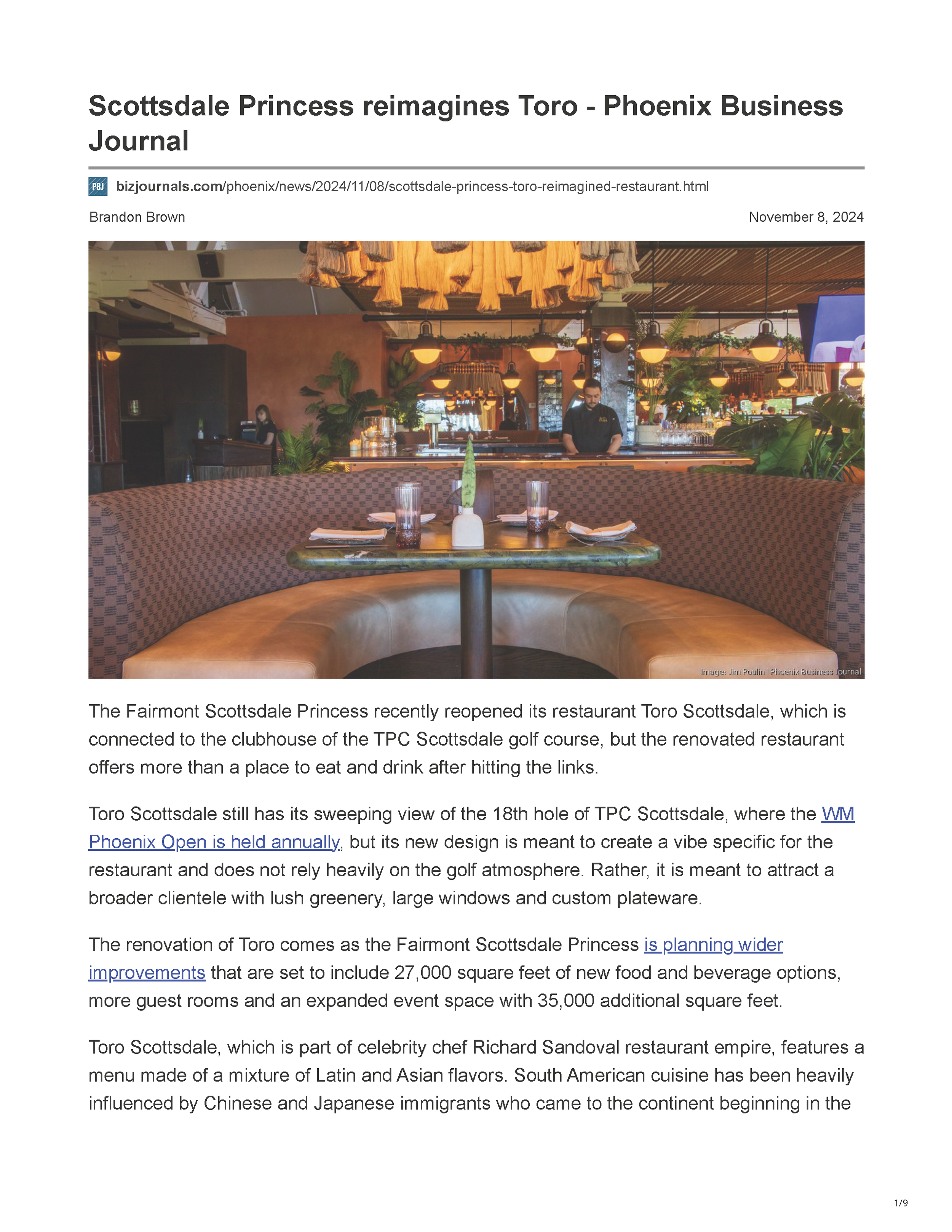 Phoenix Business Journal article about the reimagined Toro Scottsdale, featuring the redesigned restaurant’s curved banquette, central table and tropical bar interior, page 1