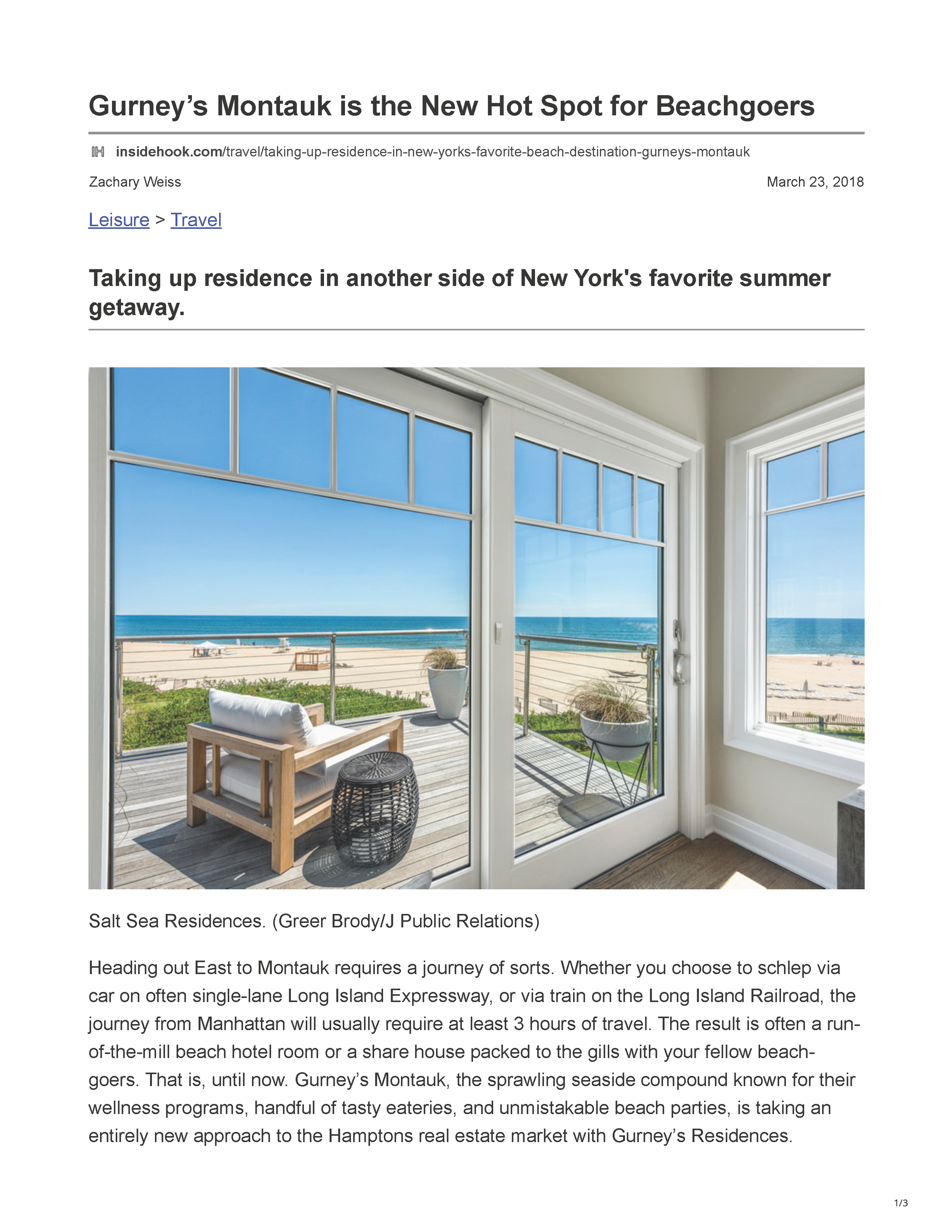 InsideHook article “Gurney’s Montauk is the New Hot Spot for Beachgoers,” page 1.