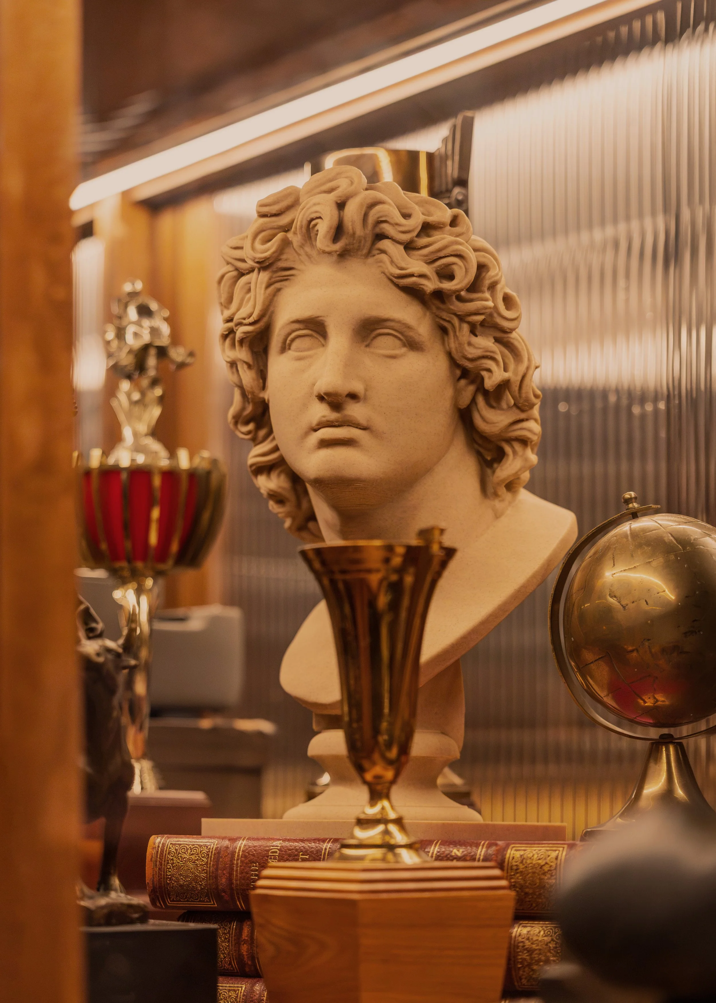 A classical portrait bust, trophies and sporting artifacts create an unexpected cabinet-of-curiosities moment within Austin Sports Club.
