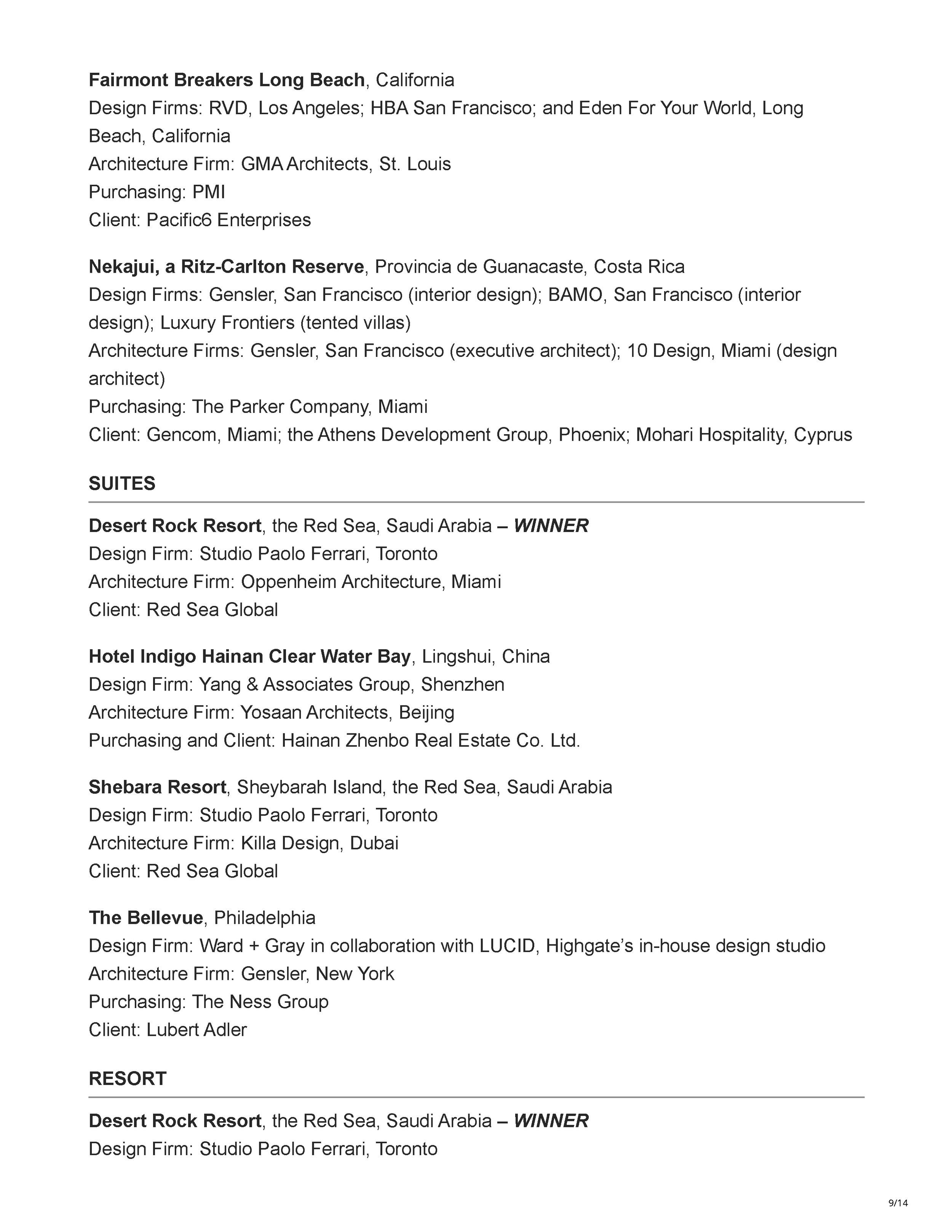 Official 45th Annual Gold Key Awards winners listing showing Carry On Airlines as the Bar/Club/Lounge winner, Drop Dead Gorgeous as a finalist, and Carry On Airlines receiving the Judges' So Cool Award, page 9.