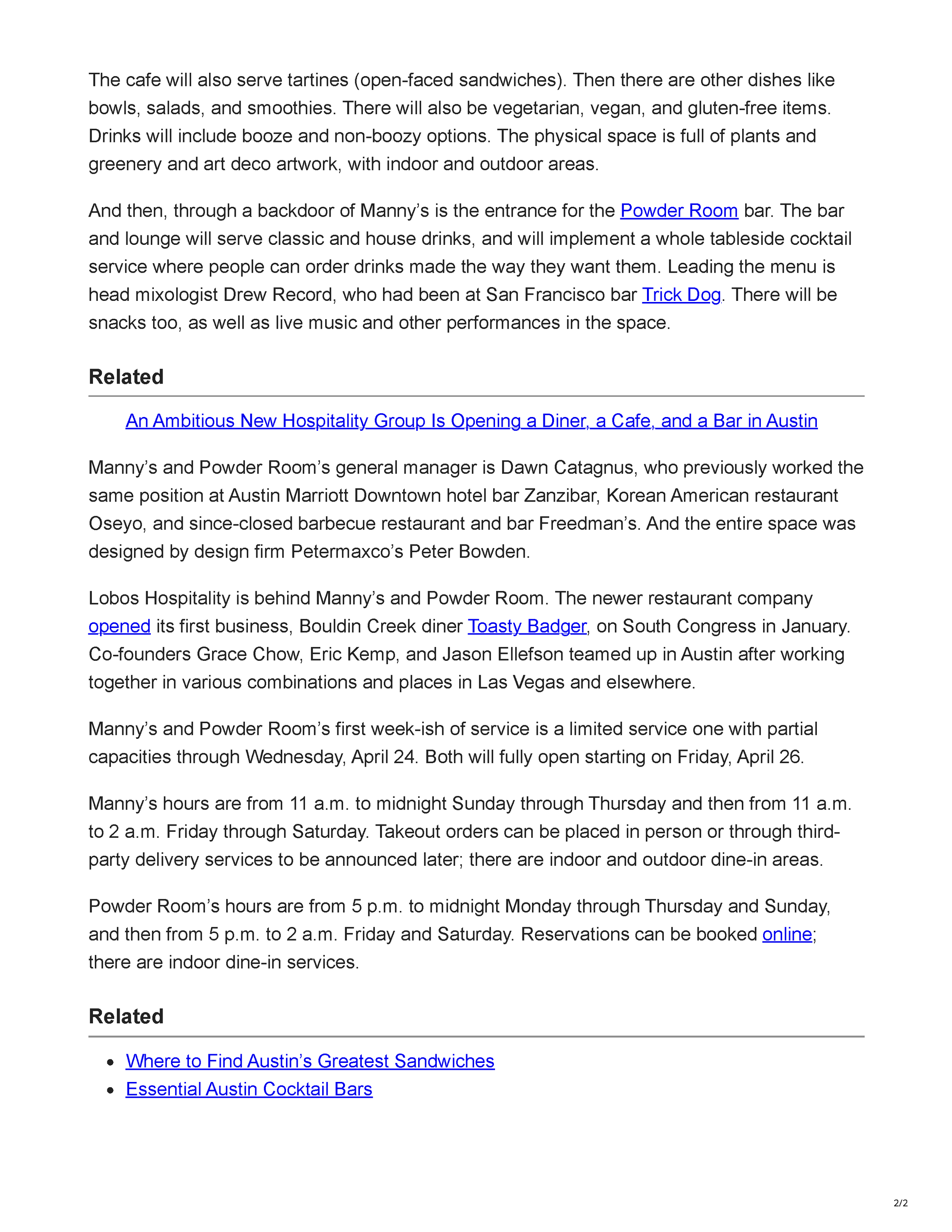 Eater Austin article page featuring Manny’s and Powder Room in Downtown Austin, with a photograph of the lush entrance and shared restaurant-bar concept, page 2.