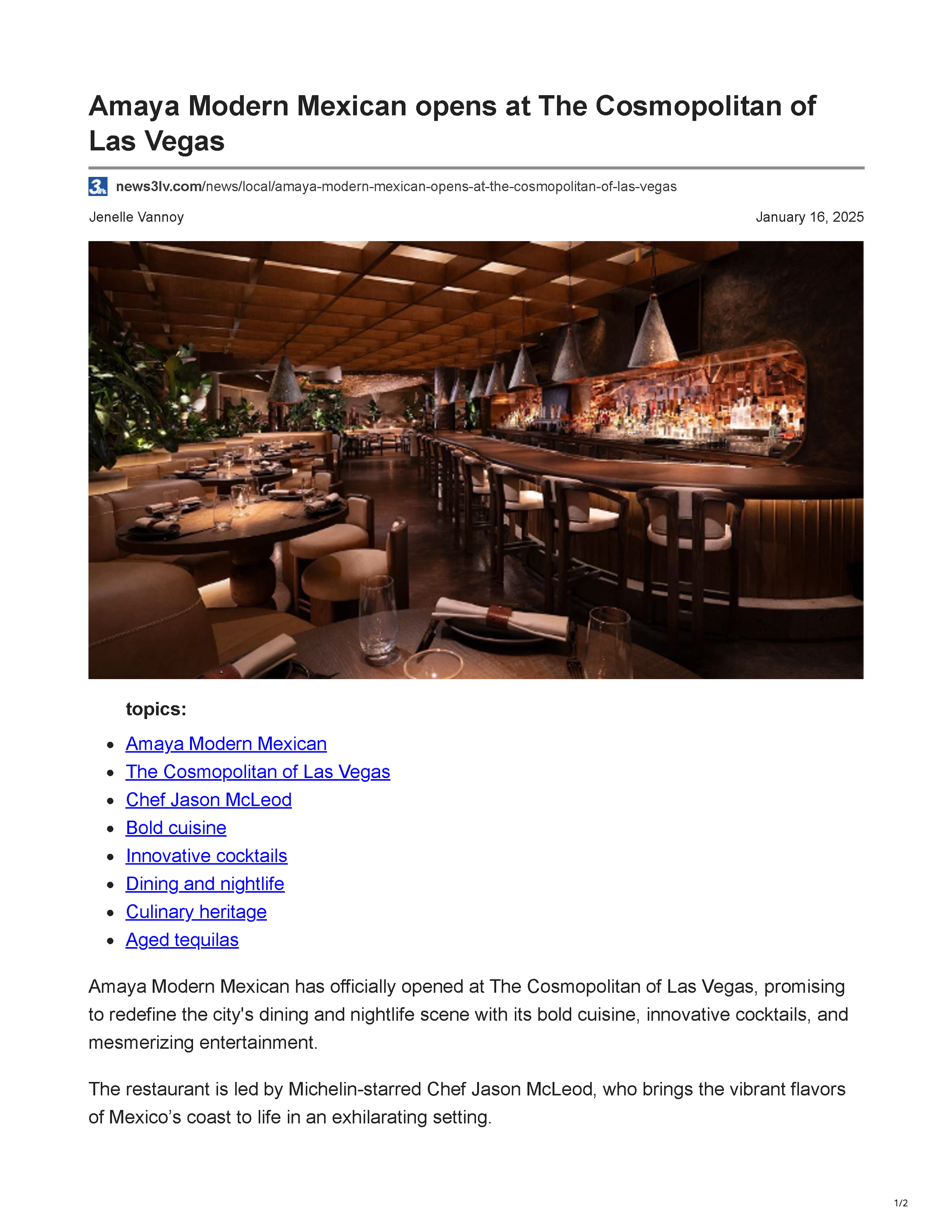 News 3 Las Vegas article page announcing the opening of Amaya Modern Mexican at The Cosmopolitan of Las Vegas, featuring a photograph of the restaurant’s bar and dining room, page 1.